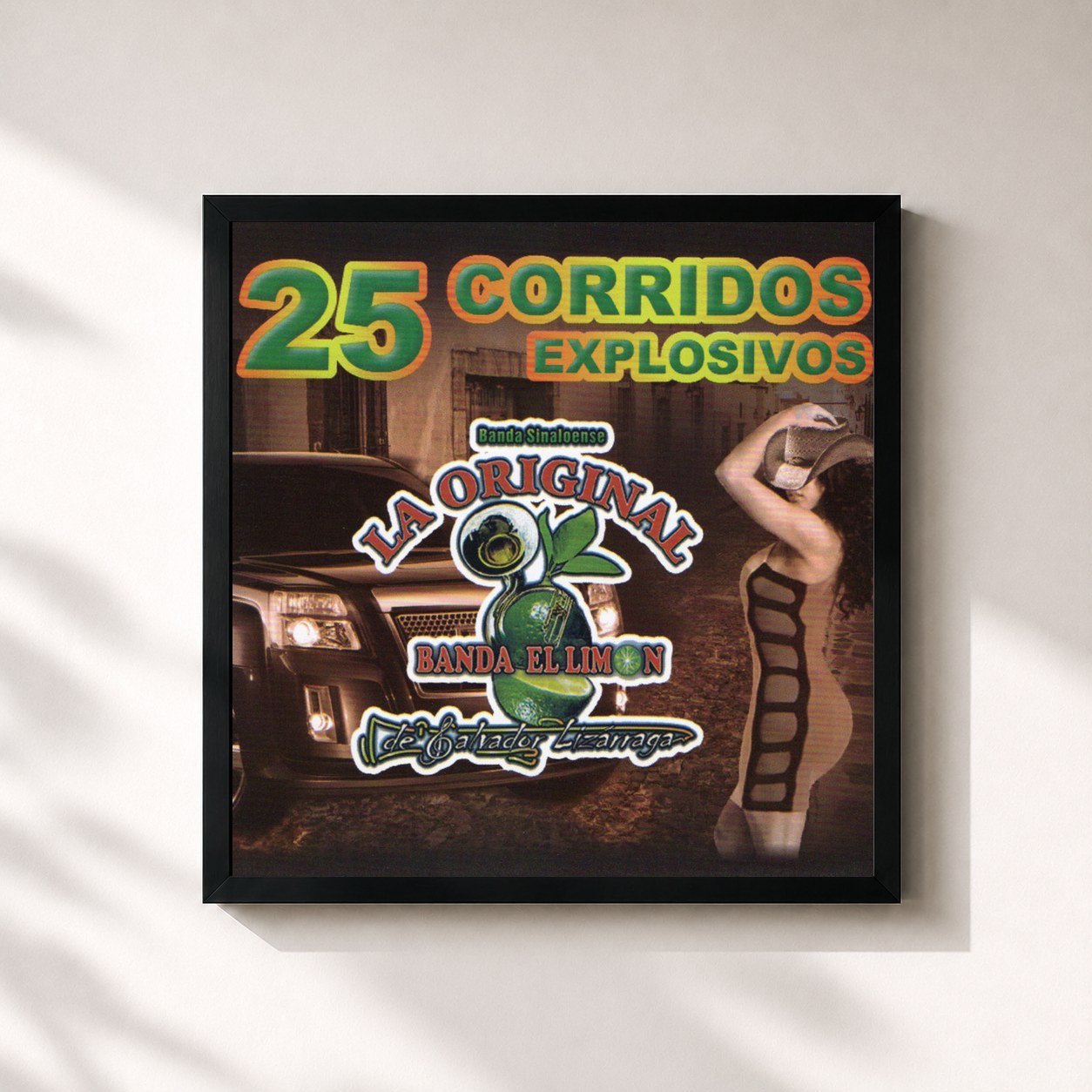 #noir Tableau carré de l'album 25 Corridos Explosivos de La Original Banda El Limón De Salvador Lizárraga, cadre noir 32x32 cm