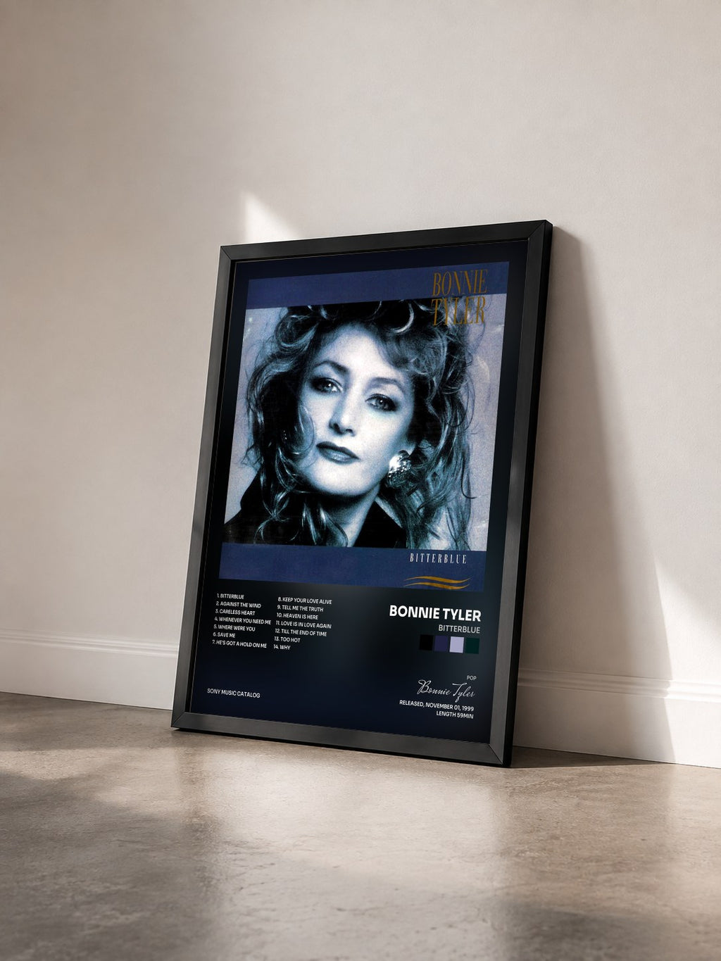 #noir Bitterblue by Bonnie Tyler as a framed art print seen at an angle, black frame