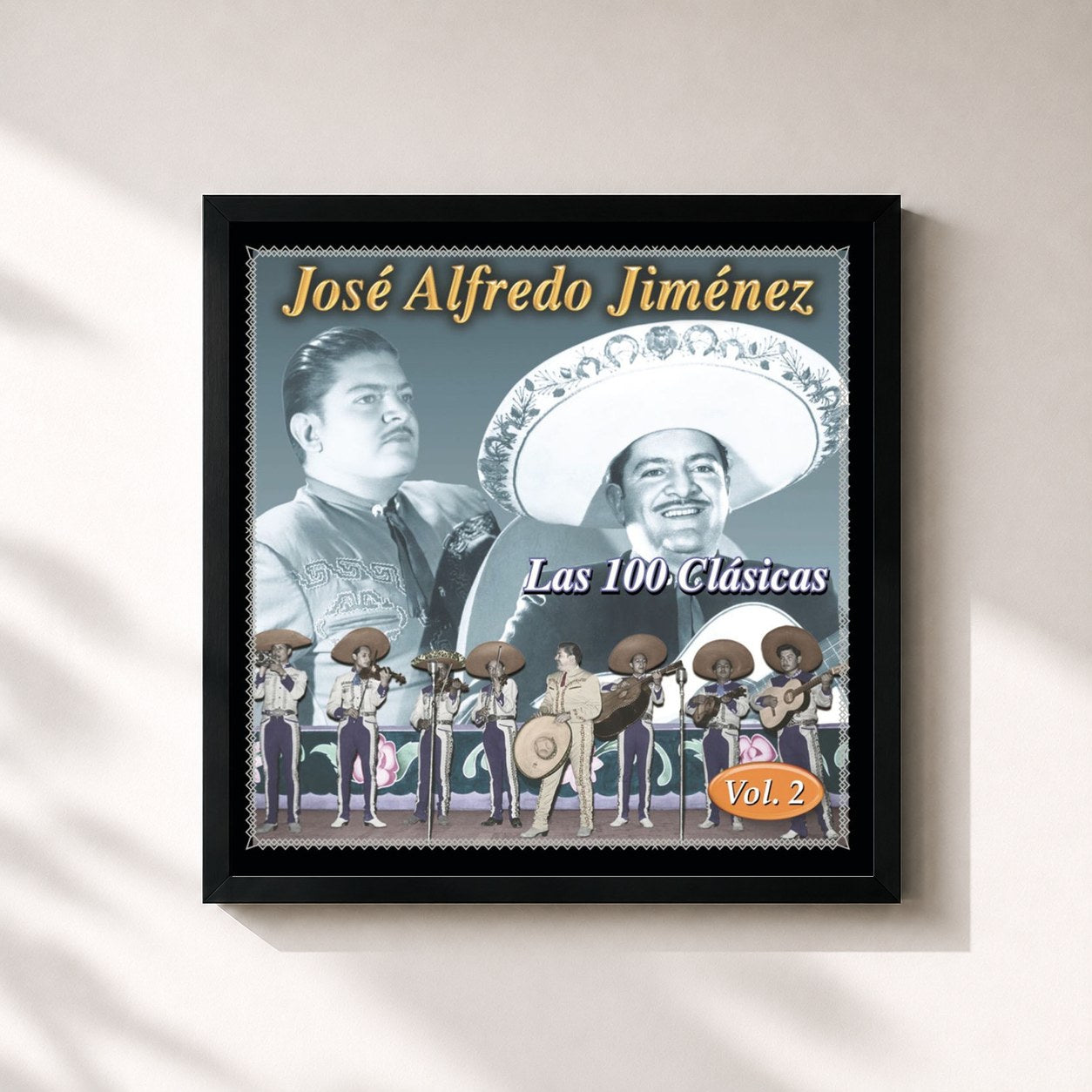 #noir Tableau carré de l'album Las 100 Clasicas Vol. 2 de José Alfredo Jiménez, cadre noir 32x32 cm