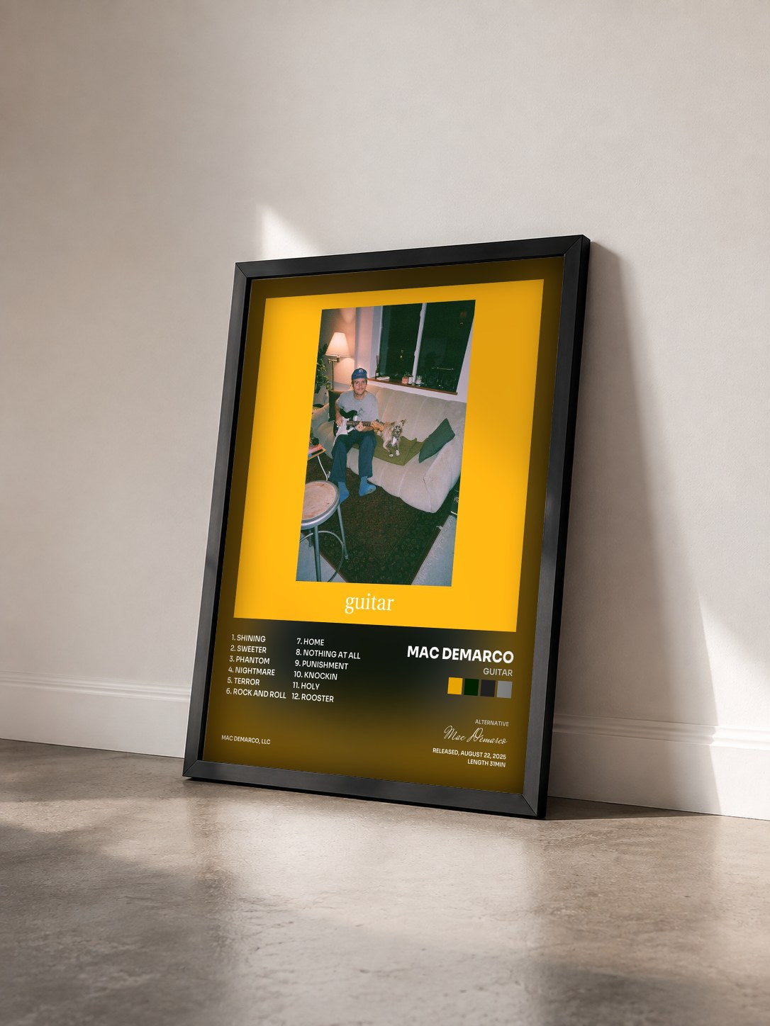 #noir Tableau de l'album Guitar de Mac Demarco vu de trois quarts, cadre noir