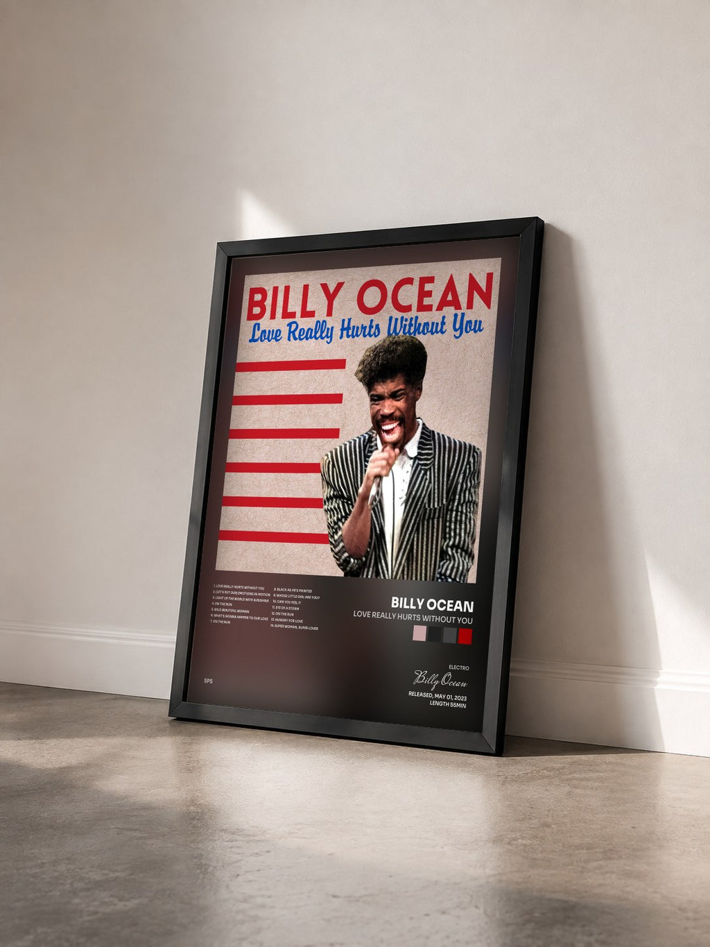 #noir Love Really Hurts without You by Billy Ocean as a framed art print seen at an angle, black frame
