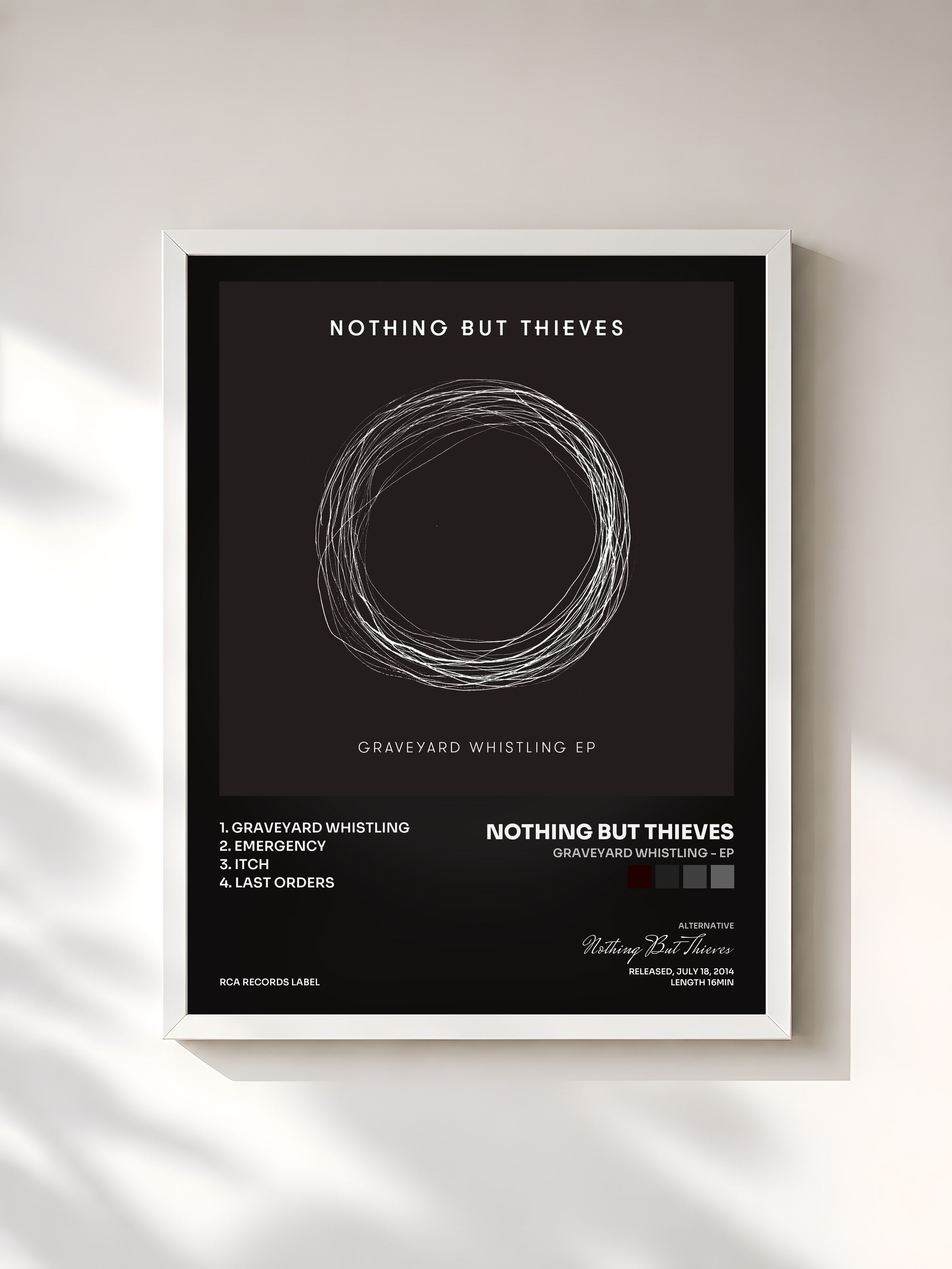 #blanc Tableau de l'album Graveyard Whistling - EP de Nothing But Thieves, cadre blanc, imprimé et encadré en France