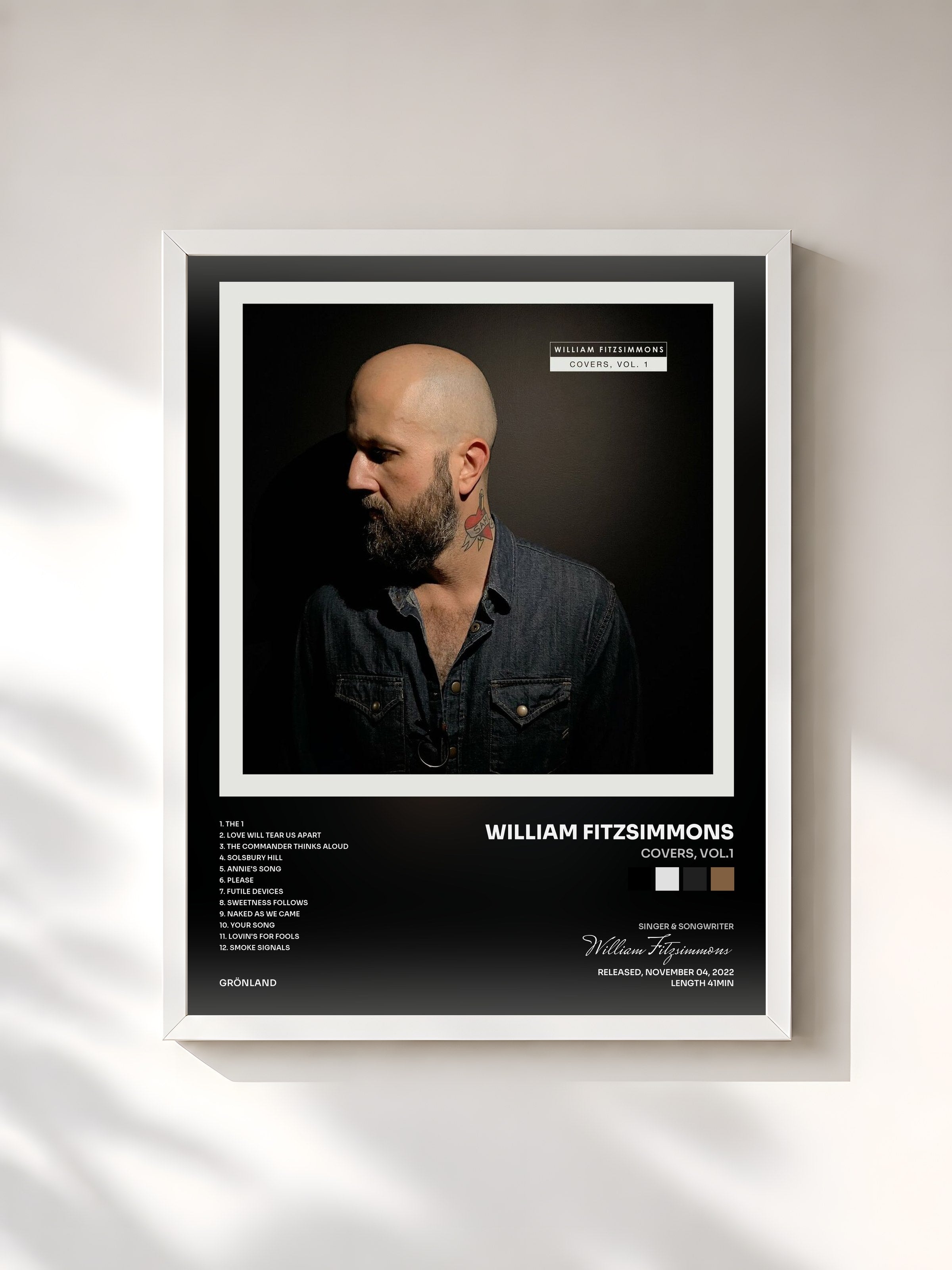 #blanc Tableau de l'album Covers, Vol.1 de William Fitzsimmons, cadre blanc, imprimé et encadré en France