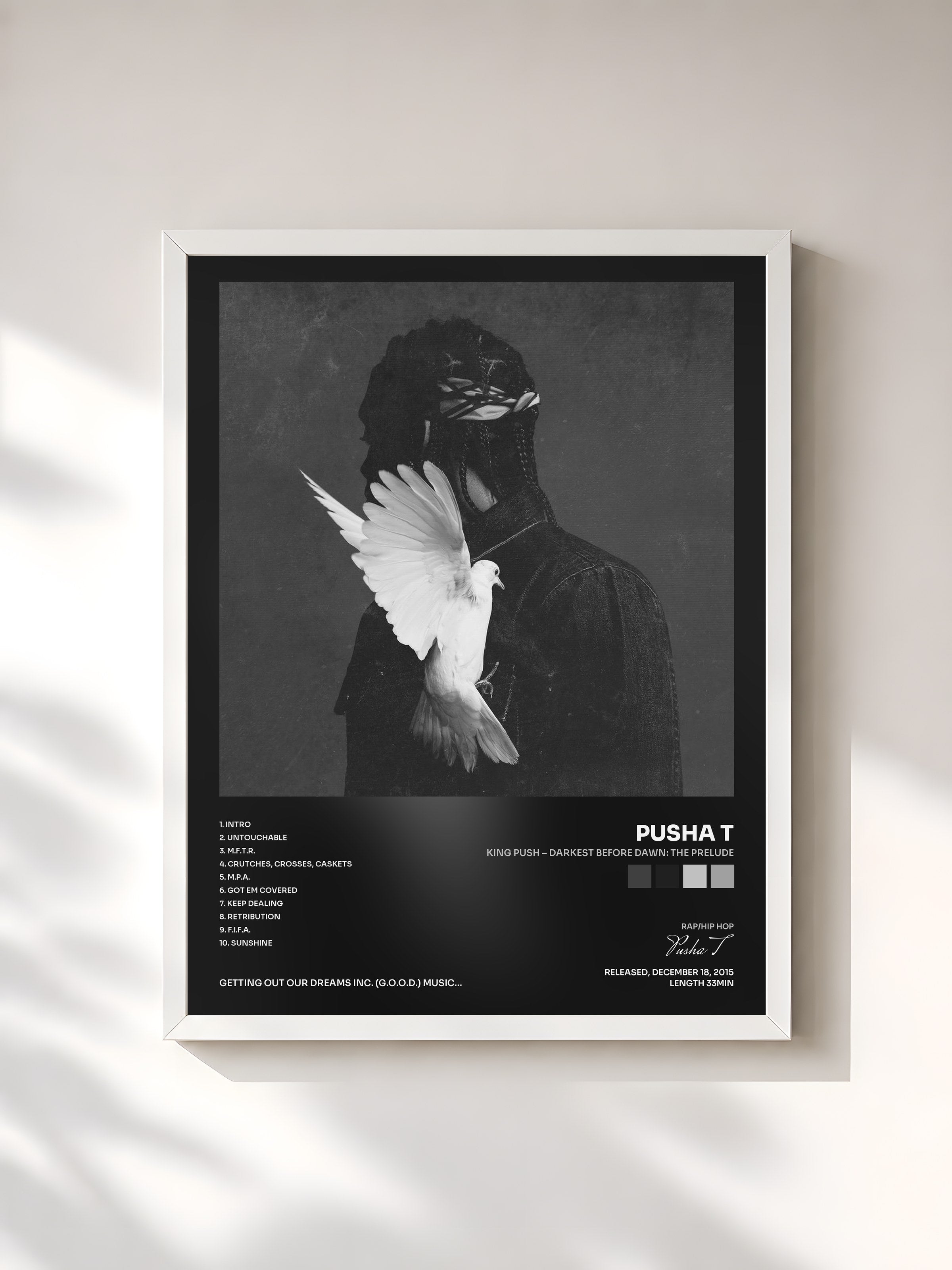 #blanc Tableau de l'album King Push – Darkest Before Dawn: The Prelude de Pusha T, cadre blanc, imprimé et encadré en France