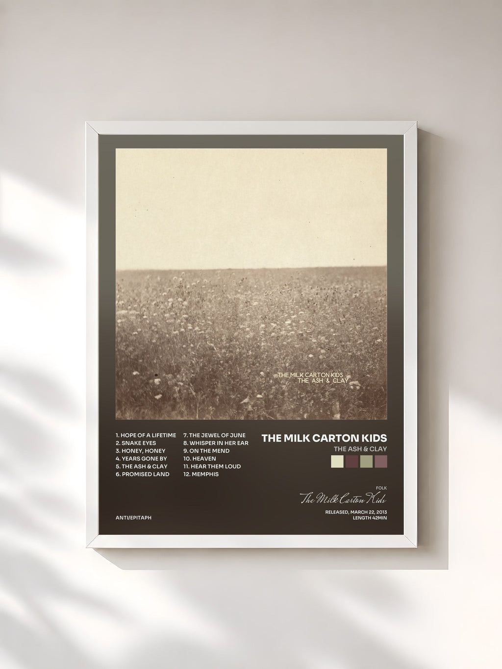 #blanc Tableau de l'album The Ash & Clay de The Milk Carton Kids, cadre blanc, imprimé et encadré en France