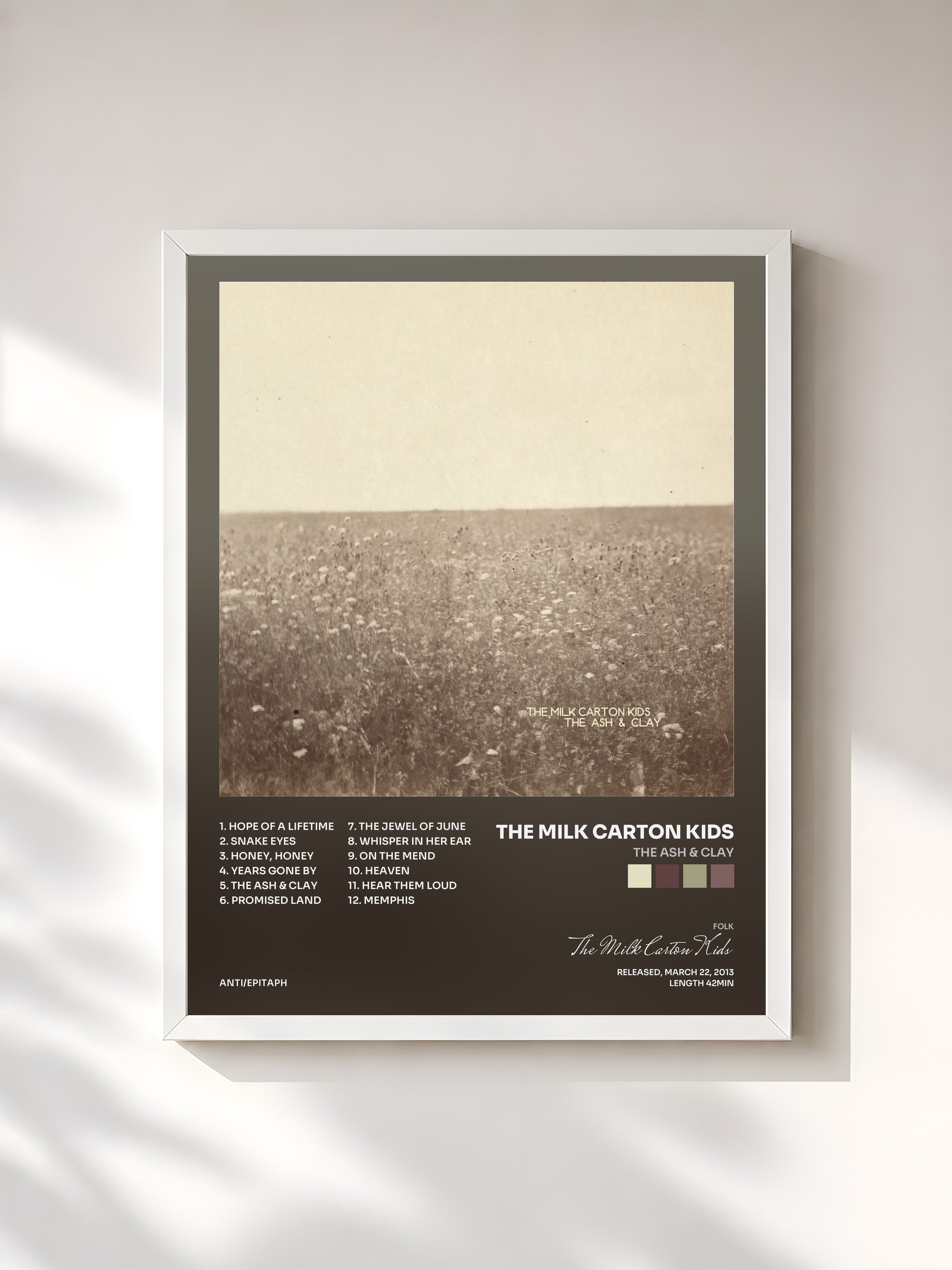 #blanc Tableau de l'album The Ash & Clay de The Milk Carton Kids, cadre blanc, imprimé et encadré en France