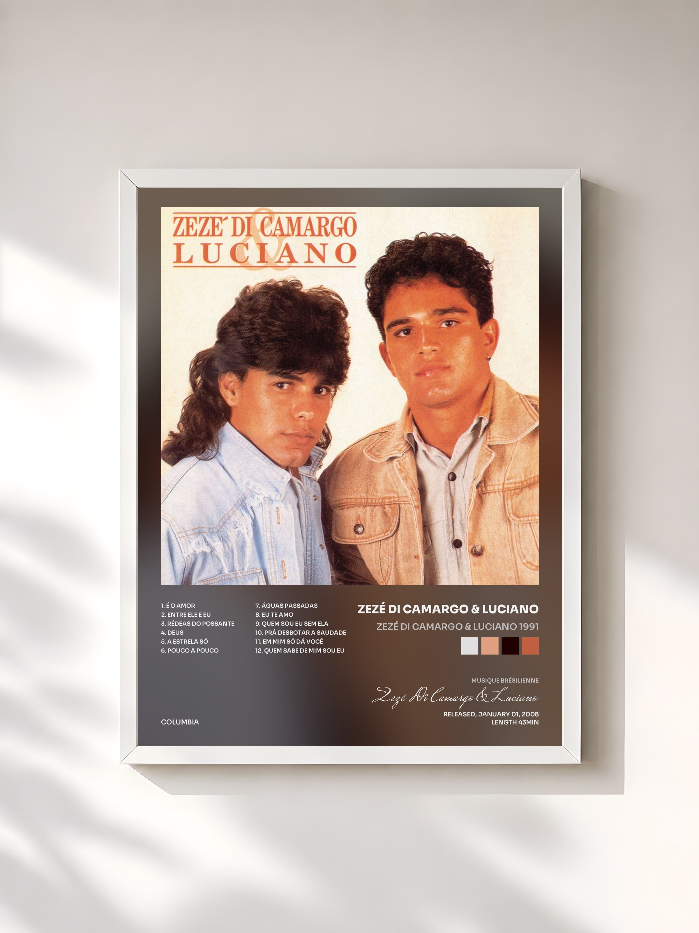 #blanc Tableau de l'album Zezé Di Camargo & Luciano 1991 de Zezé Di Camargo & Luciano, cadre blanc, imprimé et encadré en France