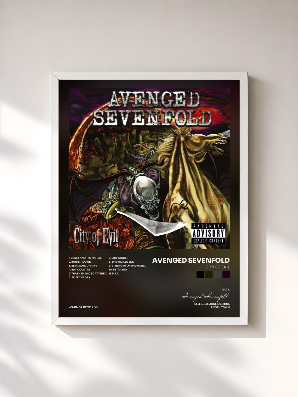 #blanc City of Evil by Avenged Sevenfold as a framed art print, white frame, printed and framed in France
