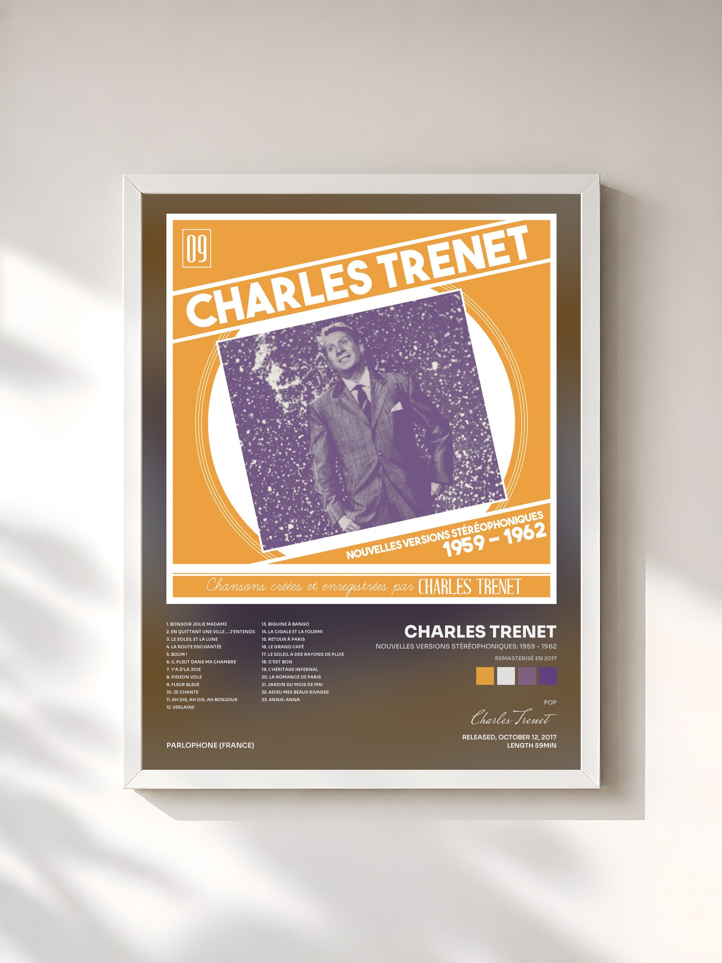 #blanc Tableau de l'album Nouvelles versions stéréophoniques: 1959 - 1962 (Remasterisé en 2017) de Charles Trenet, cadre blanc, imprimé et encadré en France