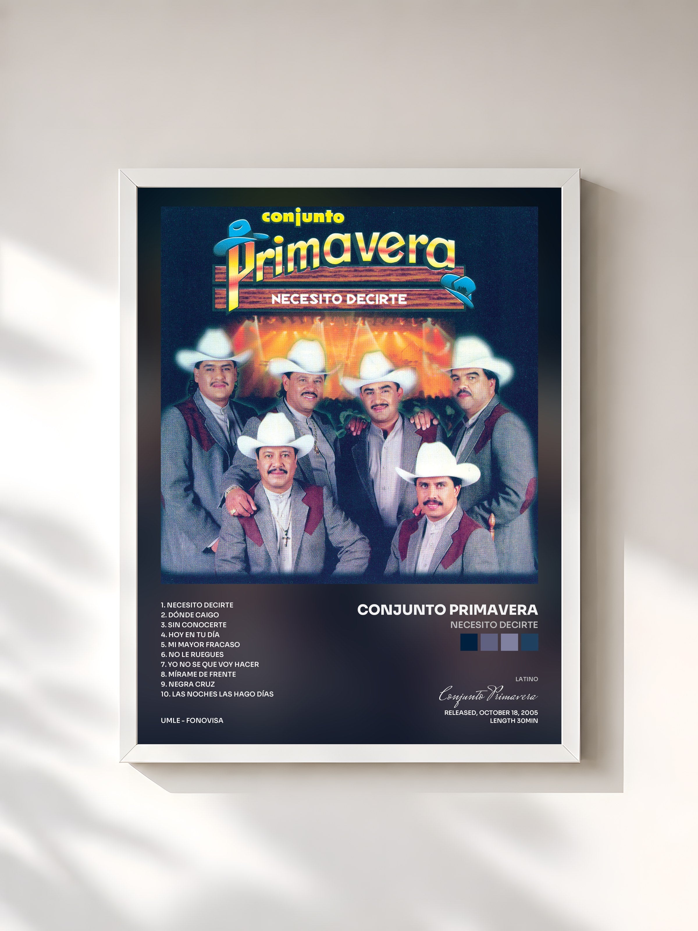 #blanc Tableau de l'album Necesito Decirte de Conjunto Primavera, cadre blanc, imprimé et encadré en France