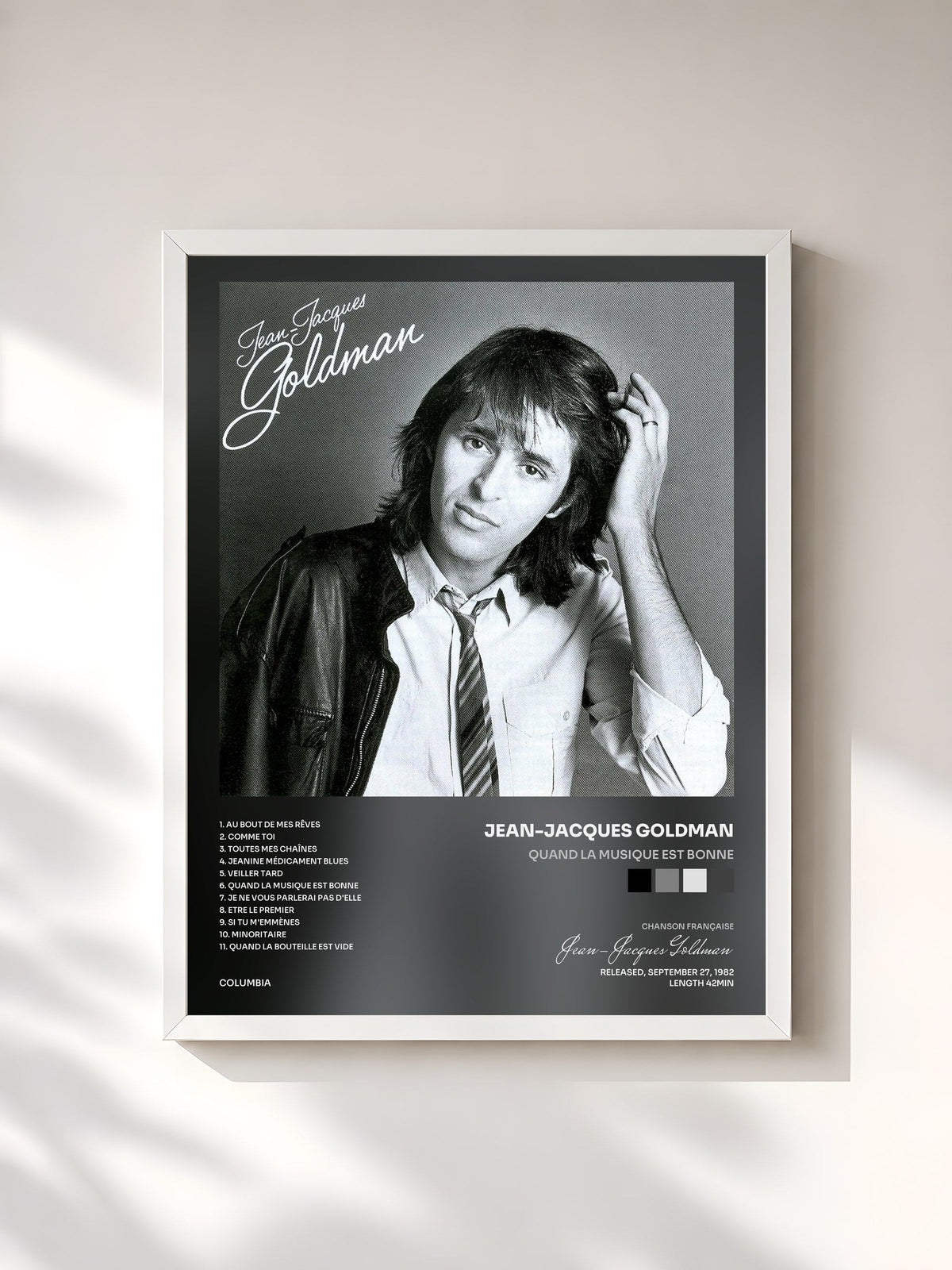 #blanc Tableau de l'album Quand la musique est bonne de Jean-Jacques Goldman, cadre blanc, imprimé et encadré en France