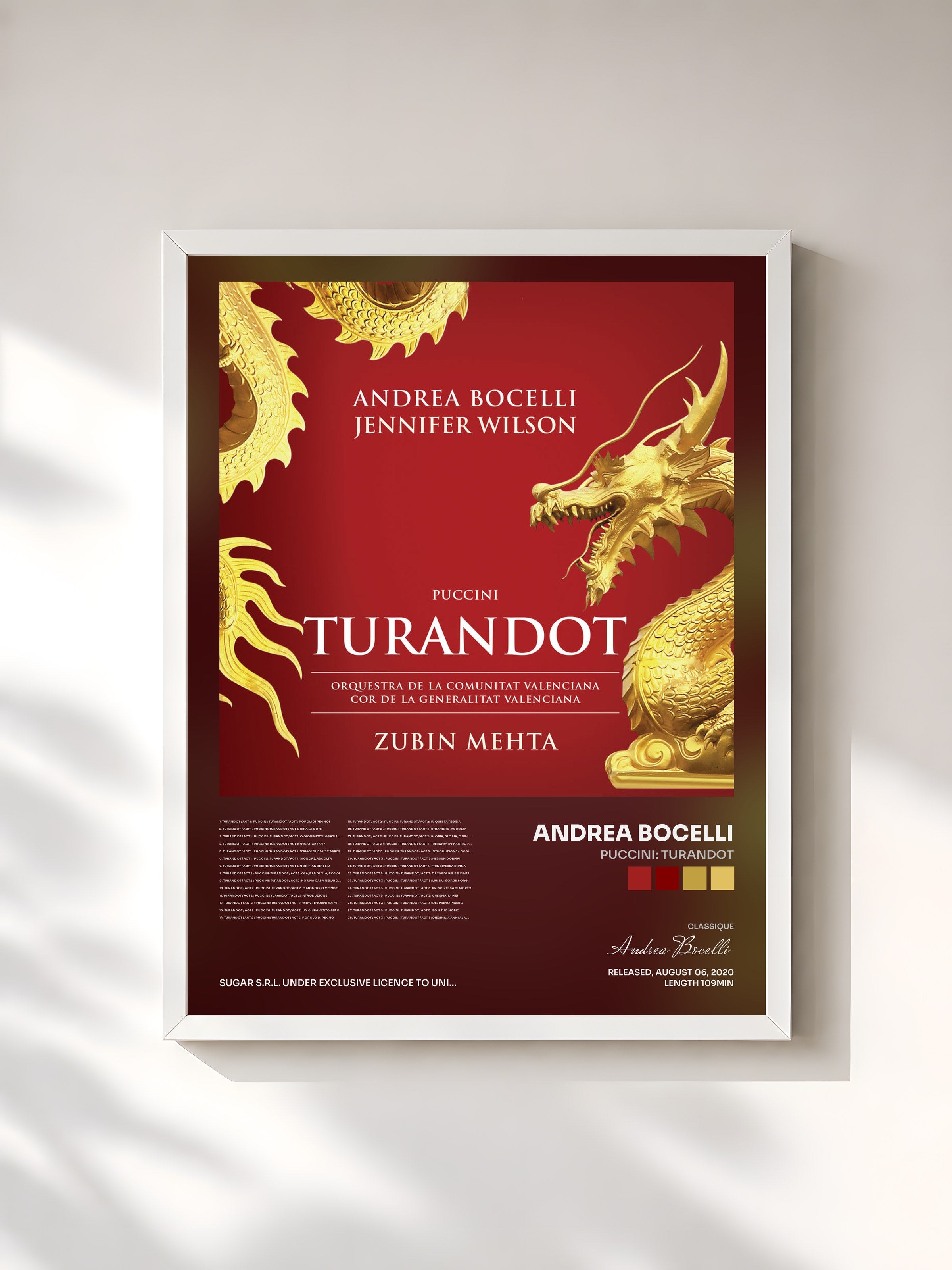 #blanc Tableau de l'album Puccini: Turandot de Andrea Bocelli, cadre blanc, imprimé et encadré en France