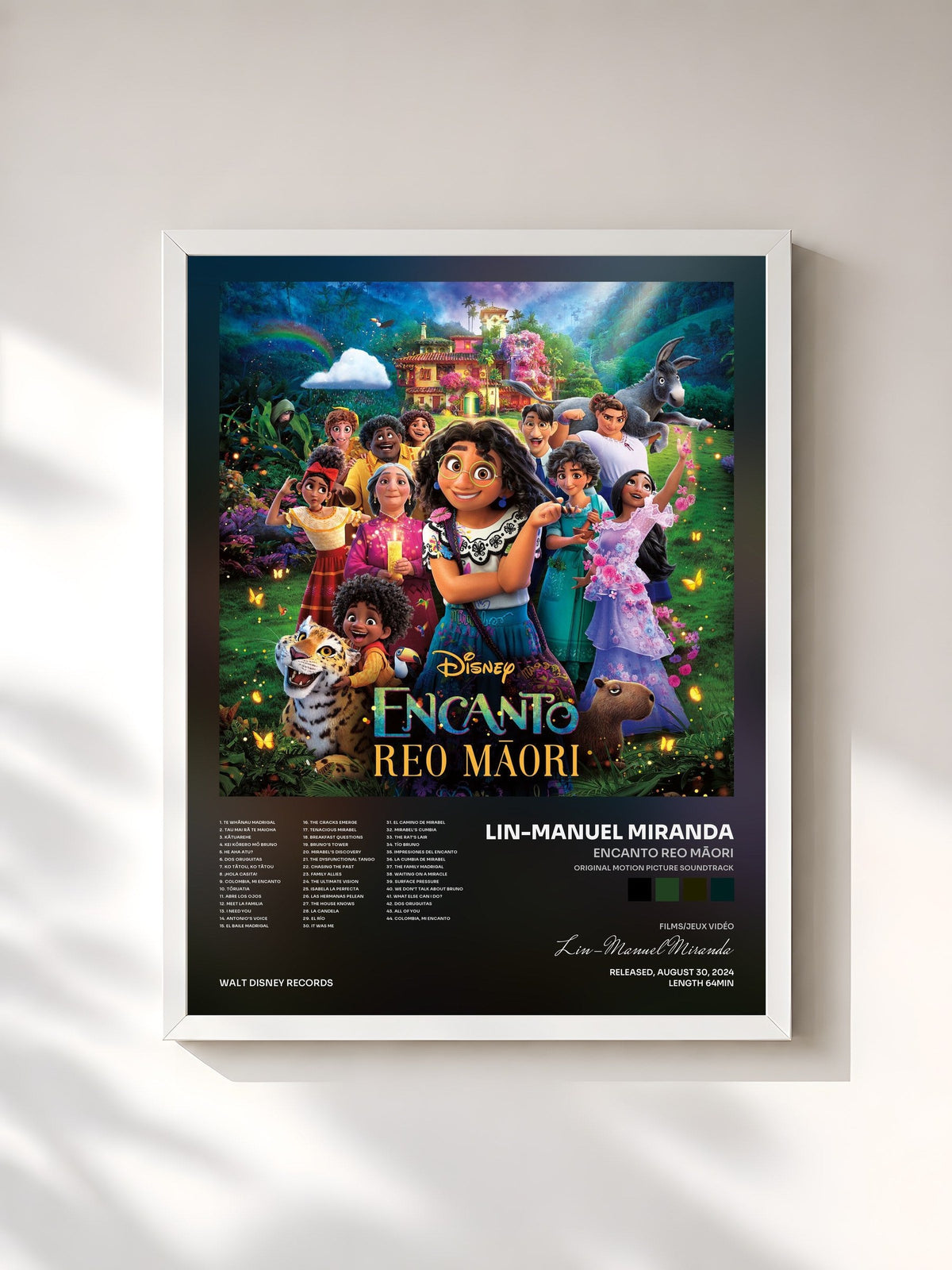 #blanc Tableau de l'album Encanto Reo Māori (Original Motion Picture Soundtrack) de Lin-Manuel Miranda, cadre blanc, imprimé et encadré en France