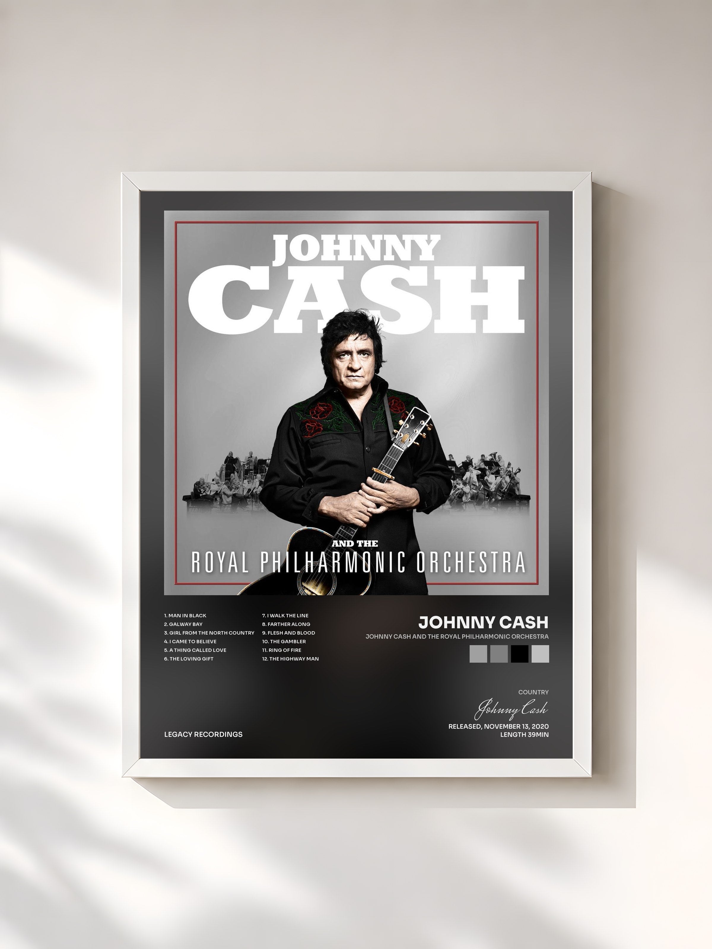 #blanc Tableau de l'album Johnny Cash and The Royal Philharmonic Orchestra de Johnny Cash, cadre blanc, imprimé et encadré en France
