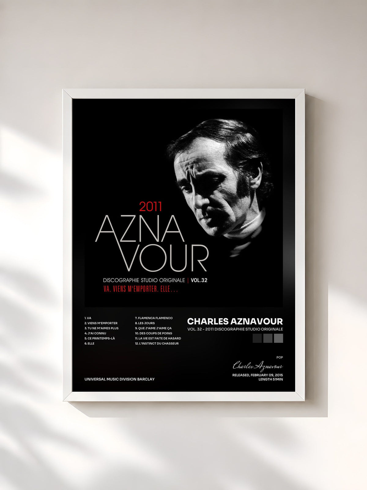 #blanc Tableau de l'album Vol. 32 - 2011 Discographie studio originale de Charles Aznavour, cadre blanc, imprimé et encadré en France