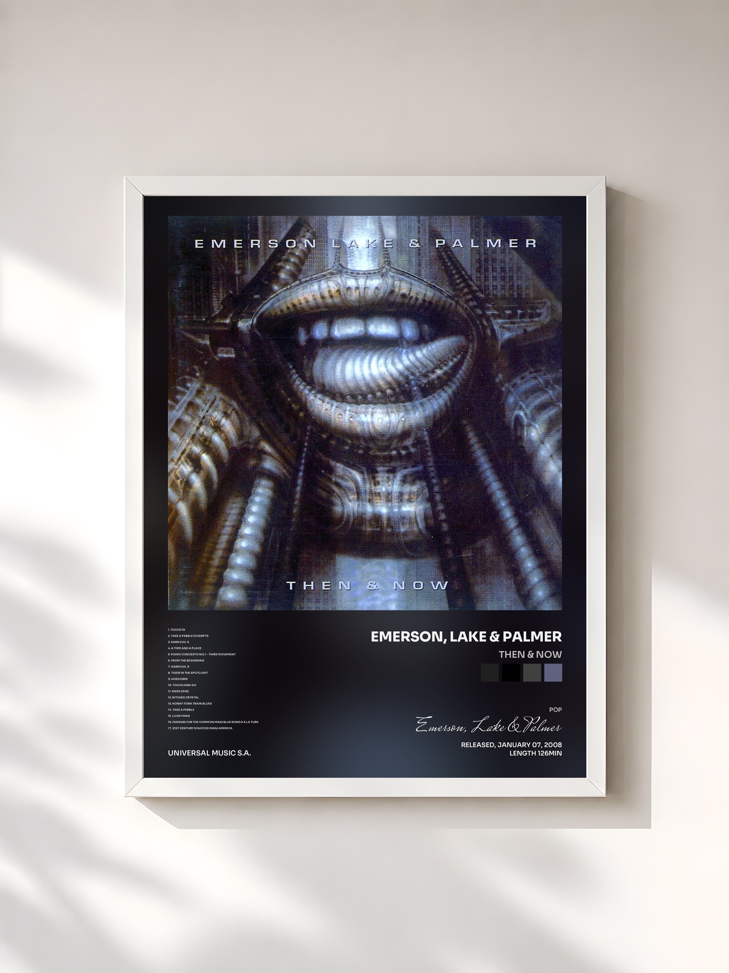 #blanc Tableau de l'album Then & Now de Emerson, Lake & Palmer, cadre blanc, imprimé et encadré en France