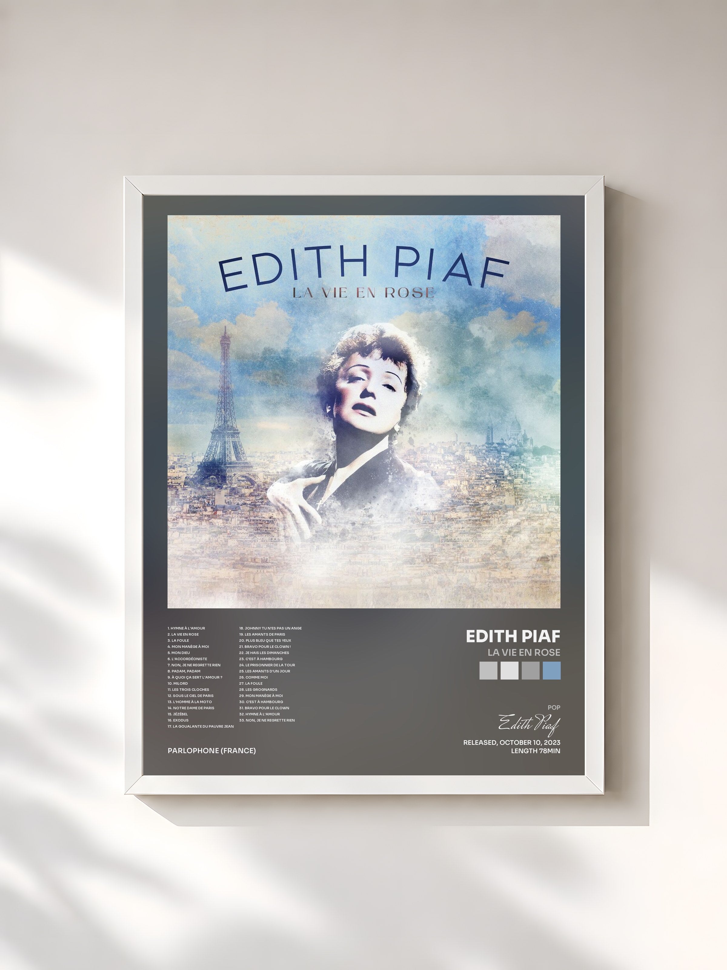#blanc Tableau de l'album La vie en rose de Edith Piaf, cadre blanc, imprimé et encadré en France