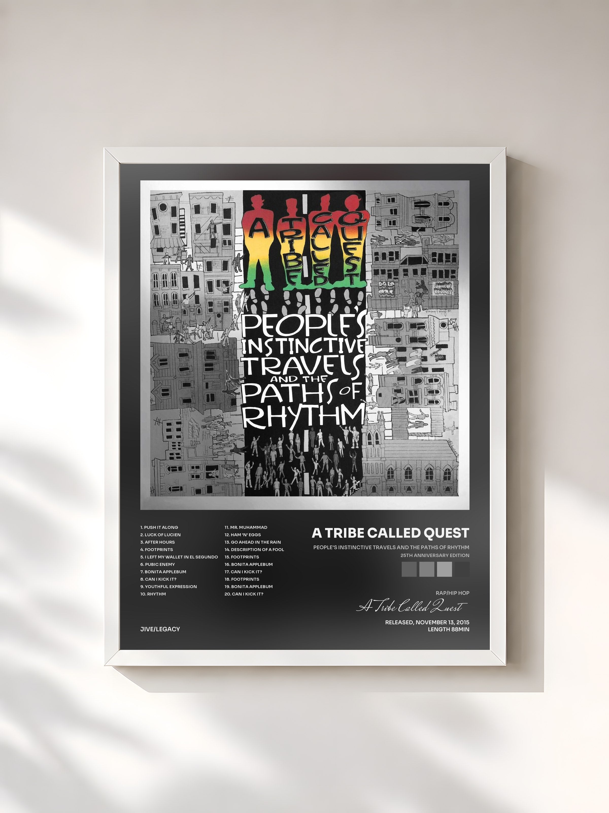 #blanc Tableau de l'album People's Instinctive Travels and the Paths of Rhythm (25th Anniversary Edition) de A Tribe Called Quest, cadre blanc, imprimé et encadré en France