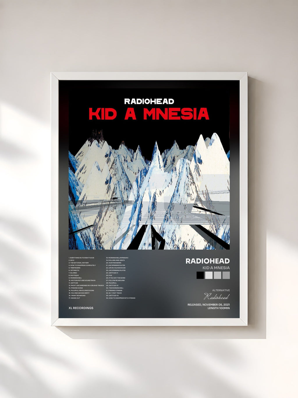 #blanc Tableau de l'album KID A MNESIA de Radiohead, cadre blanc, imprimé et encadré en France