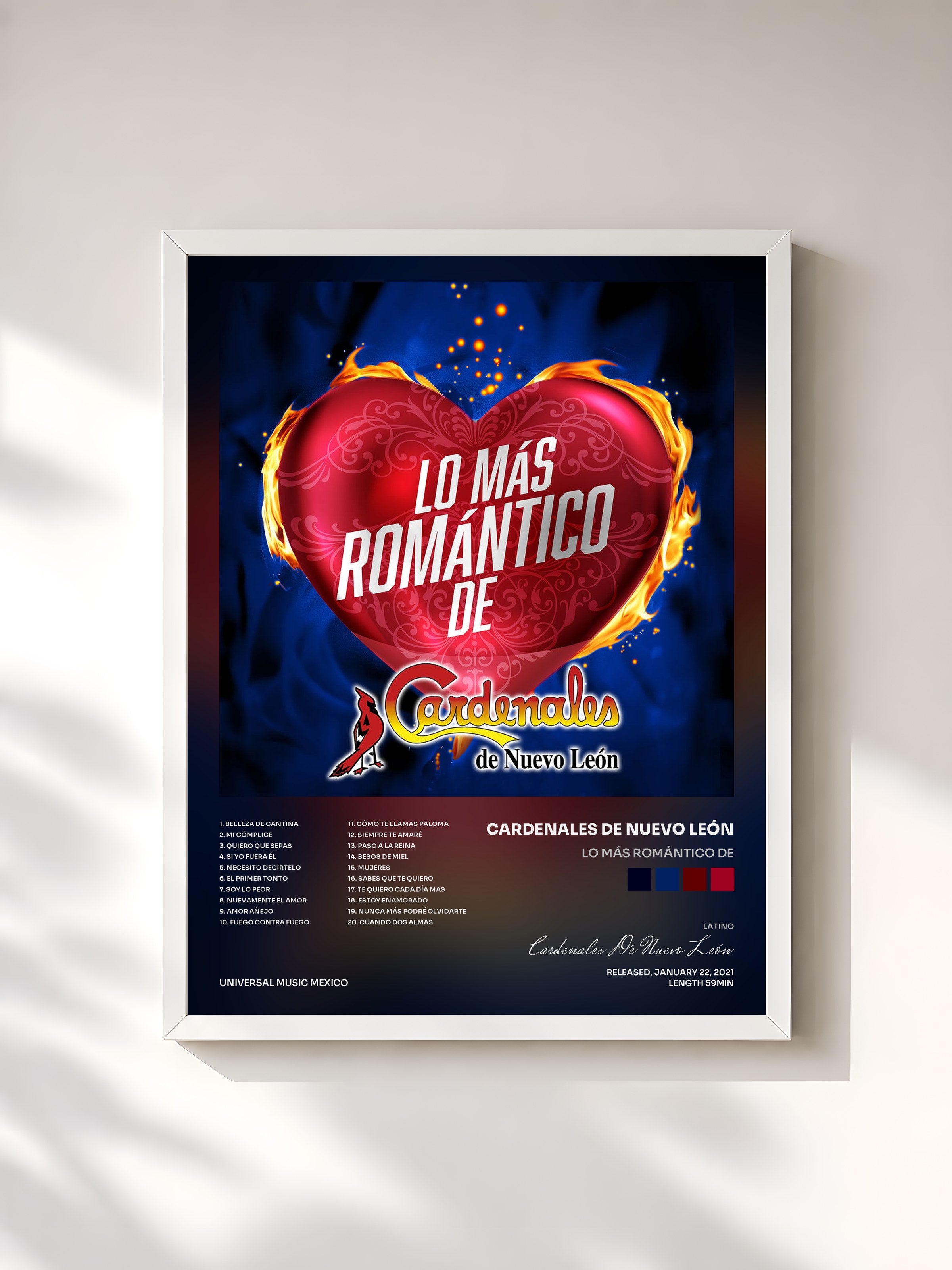 #blanc Tableau de l'album Lo Más Romántico De de Cardenales De Nuevo León, cadre blanc, imprimé et encadré en France