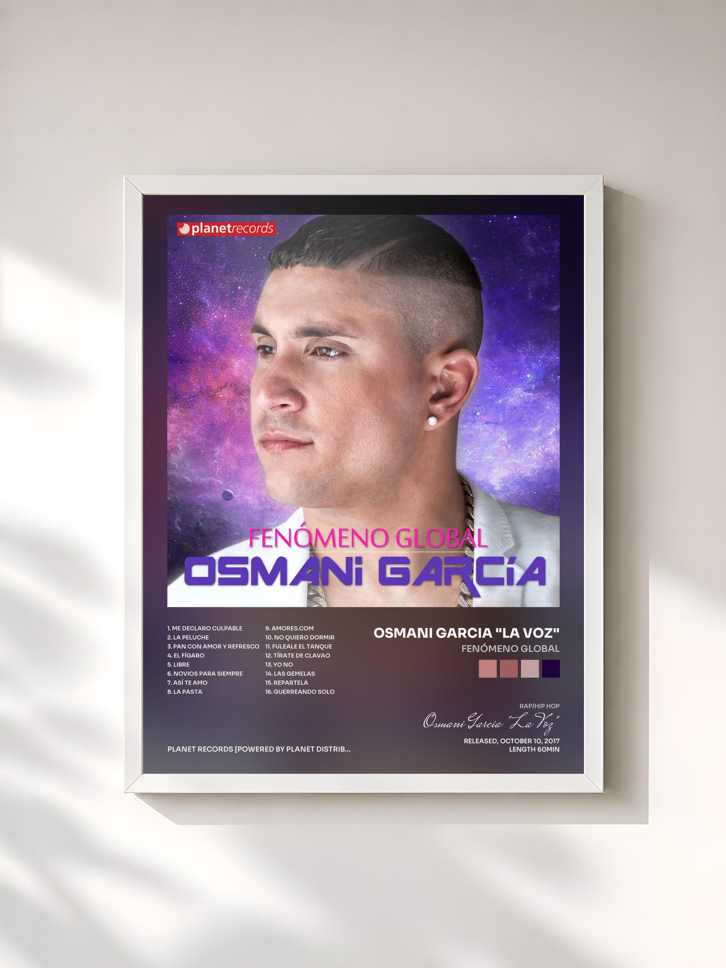 #blanc Tableau de l'album Fenómeno Global de Osmani Garcia "La Voz", cadre blanc, imprimé et encadré en France