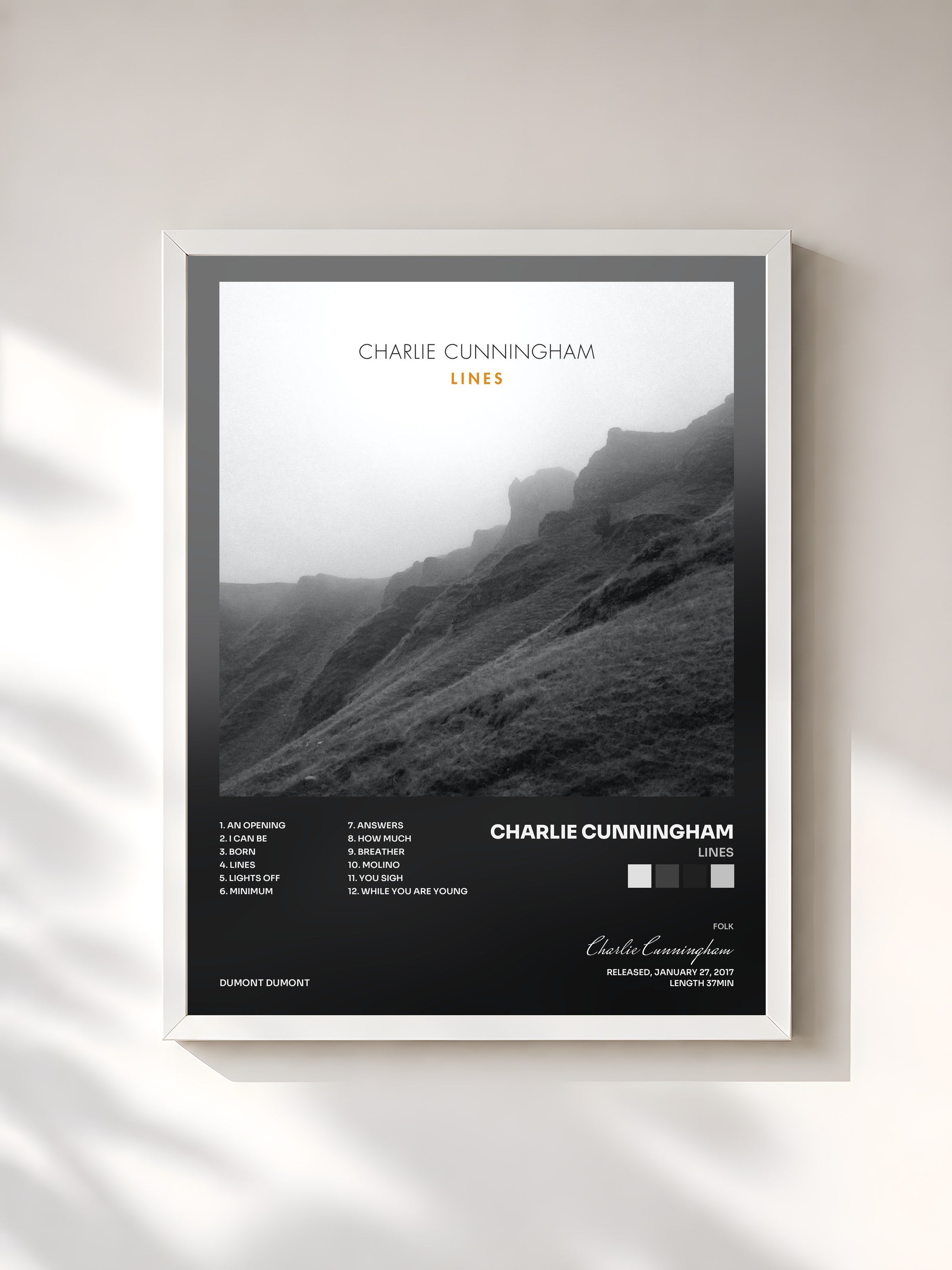 #blanc Tableau de l'album Lines de Charlie Cunningham, cadre blanc, imprimé et encadré en France
