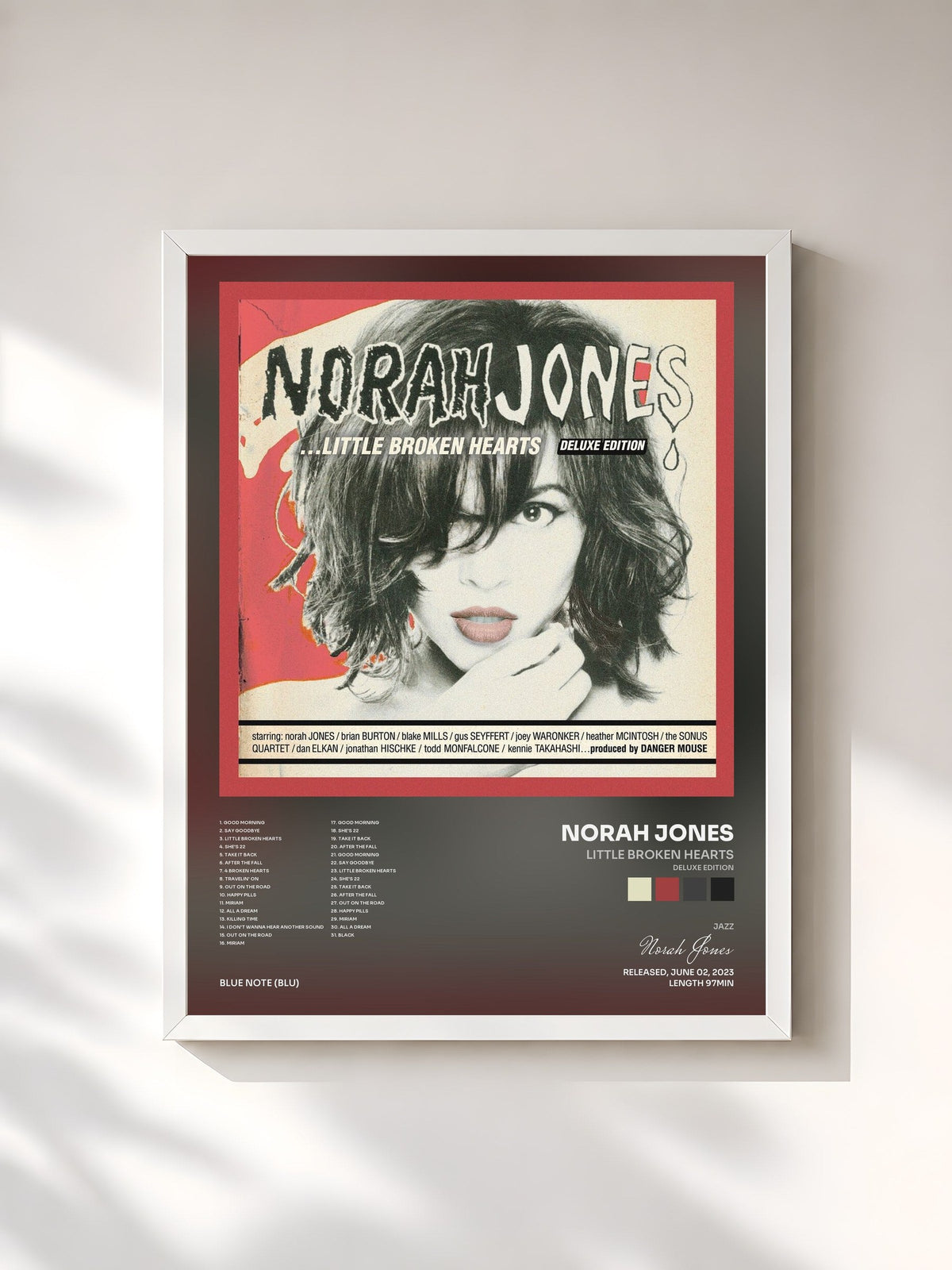 #blanc Tableau de l'album Little Broken Hearts (Deluxe Edition) de Norah Jones, cadre blanc, imprimé et encadré en France