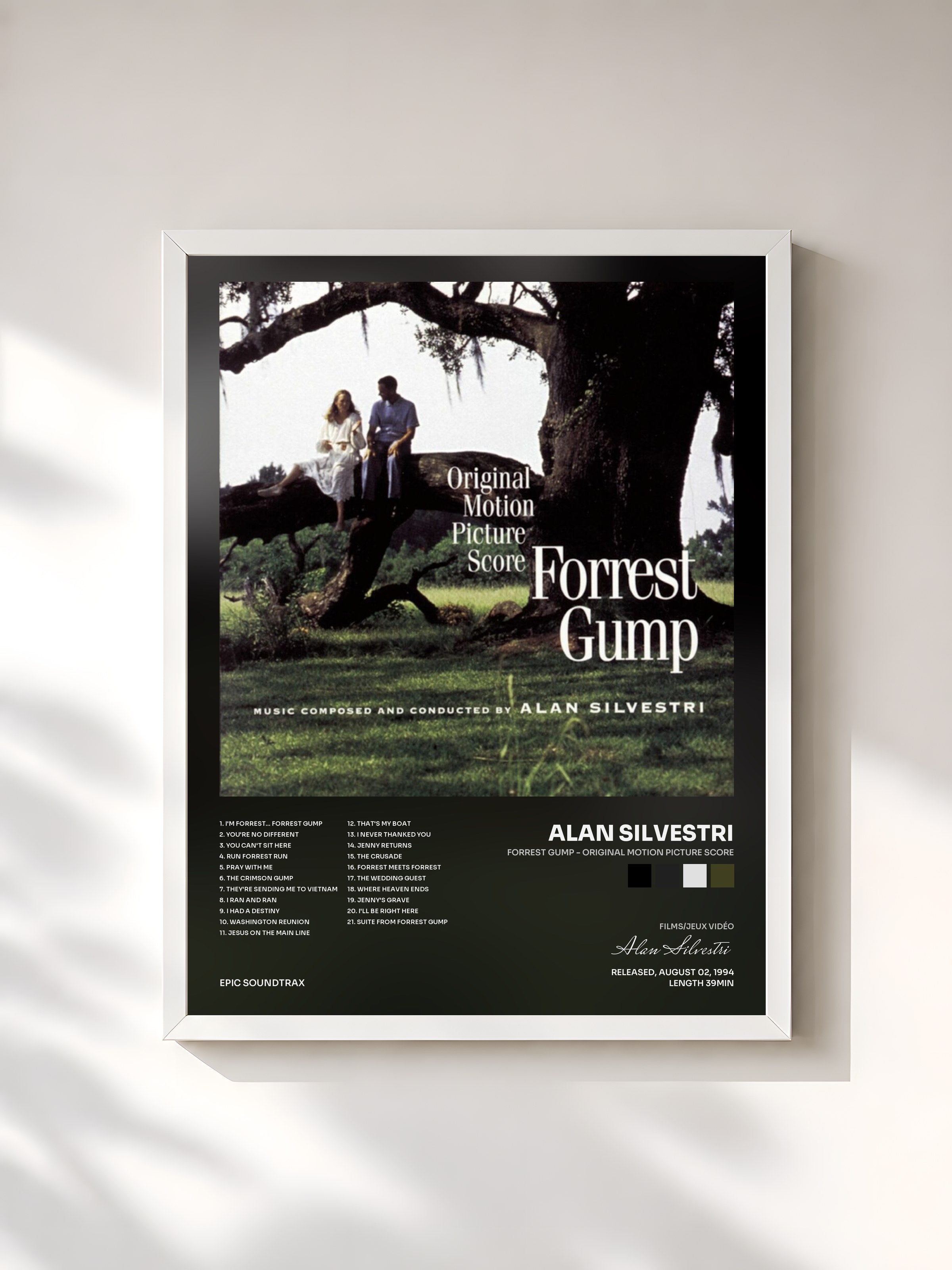 #blanc Tableau de l'album Forrest Gump - Original Motion Picture Score de Alan Silvestri, cadre blanc, imprimé et encadré en France