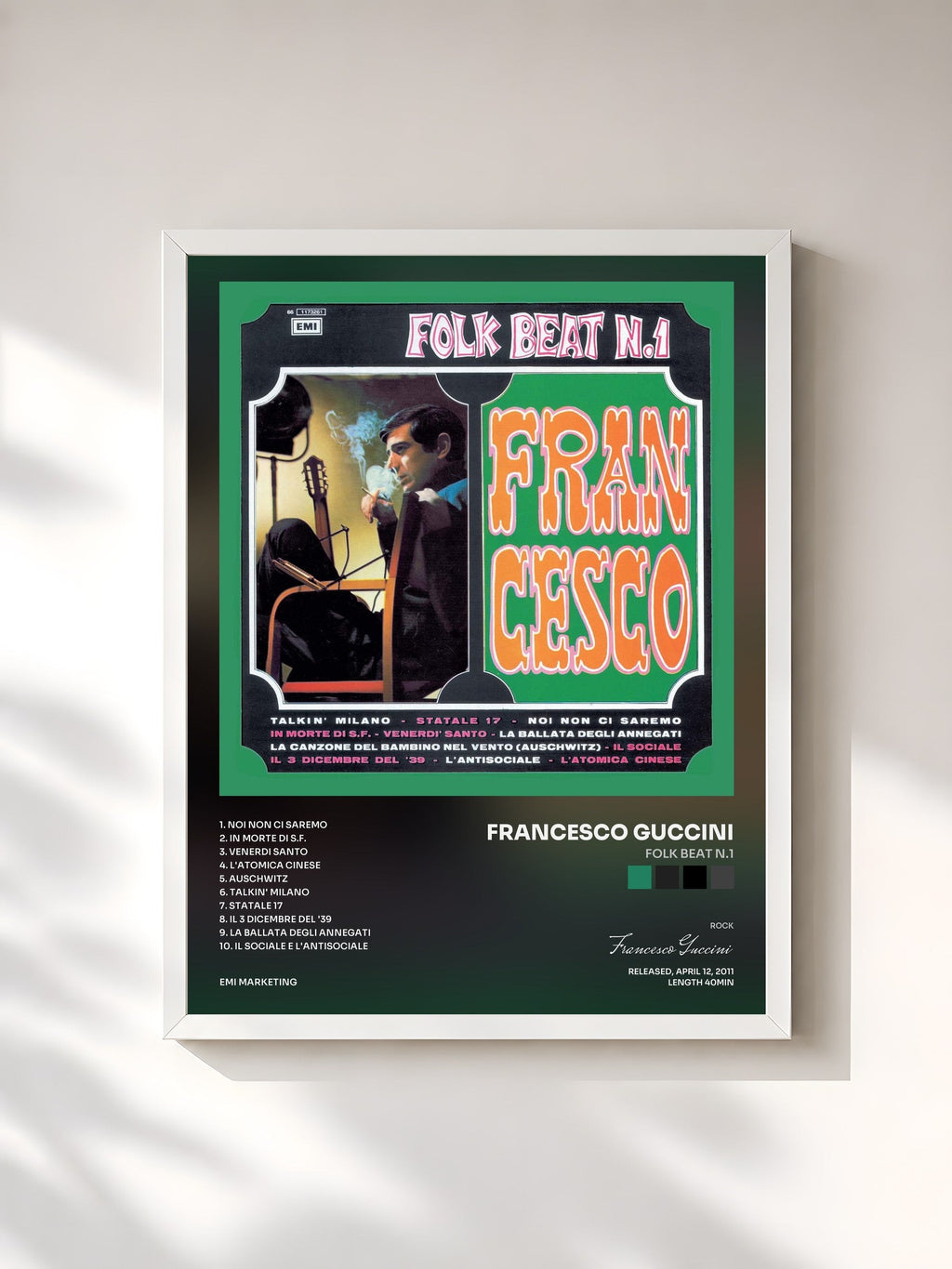 #blanc Folk Beat N.1 by Francesco Guccini as a framed art print, white frame, printed and framed in France