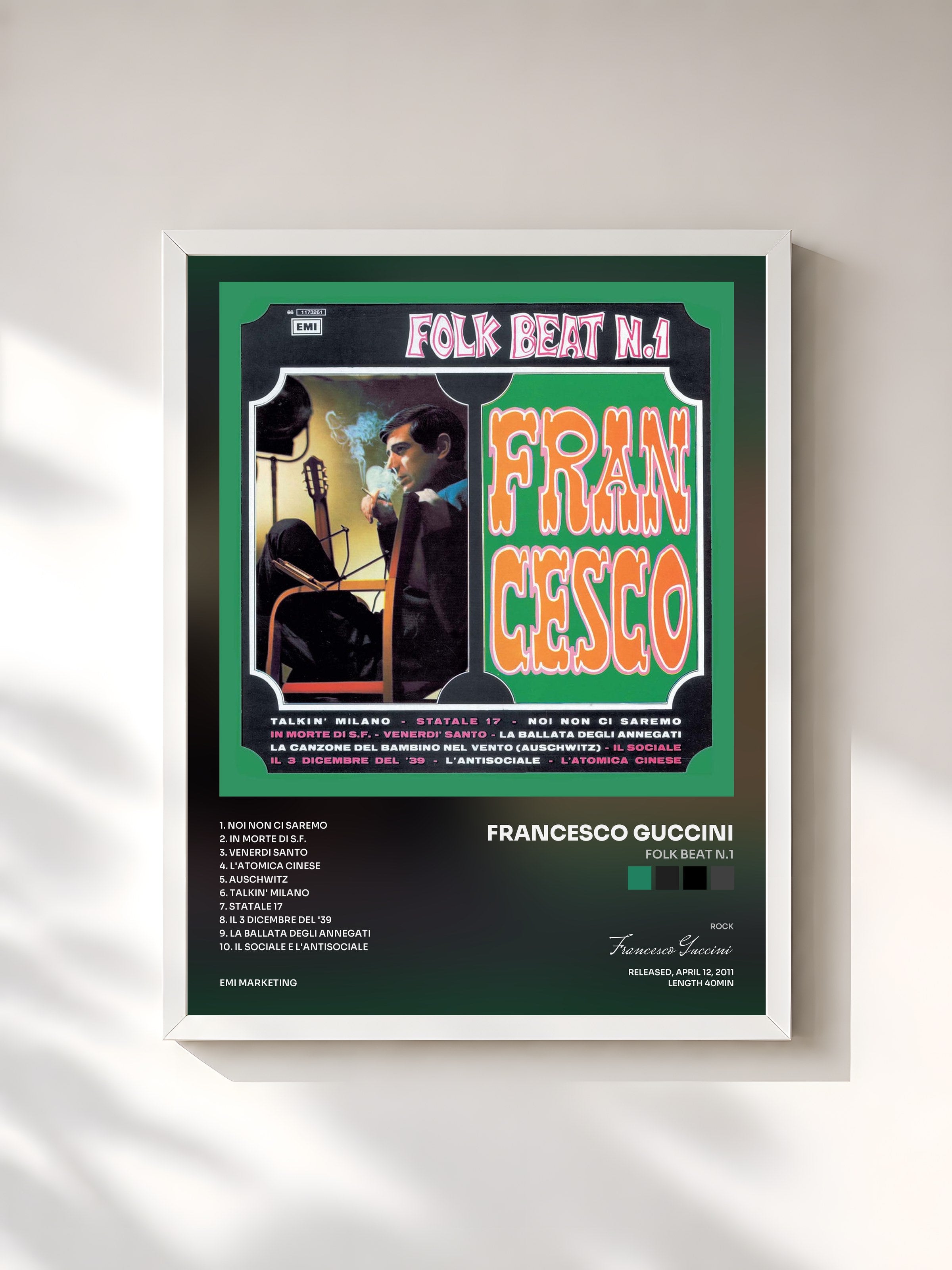 #blanc Tableau de l'album Folk Beat N.1 de Francesco Guccini, cadre blanc, imprimé et encadré en France