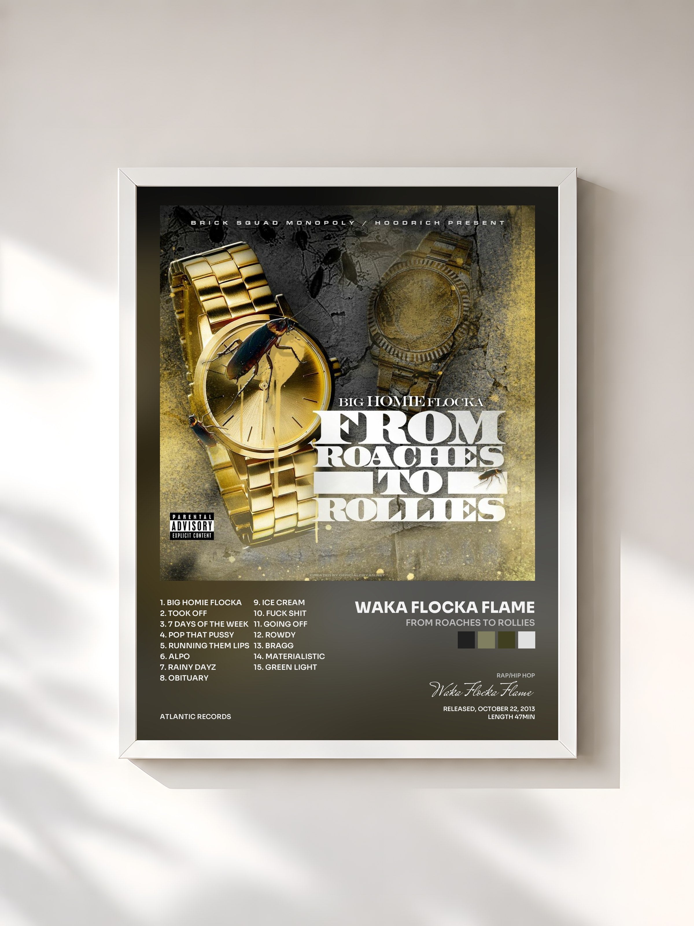#blanc Tableau de l'album From Roaches to Rollies de Waka Flocka Flame, cadre blanc, imprimé et encadré en France