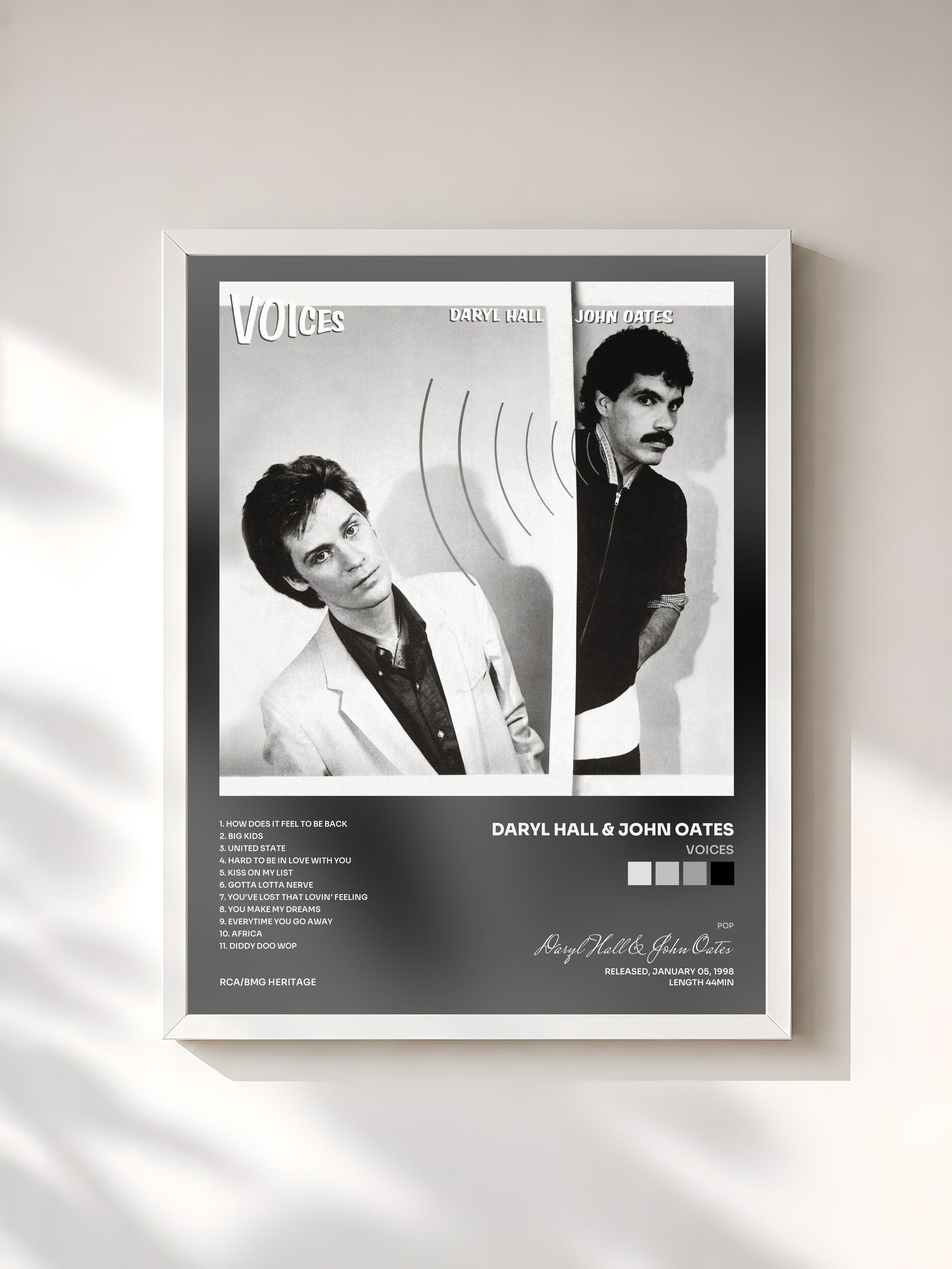 #blanc Tableau de l'album Voices de Daryl Hall & John Oates, cadre blanc, imprimé et encadré en France