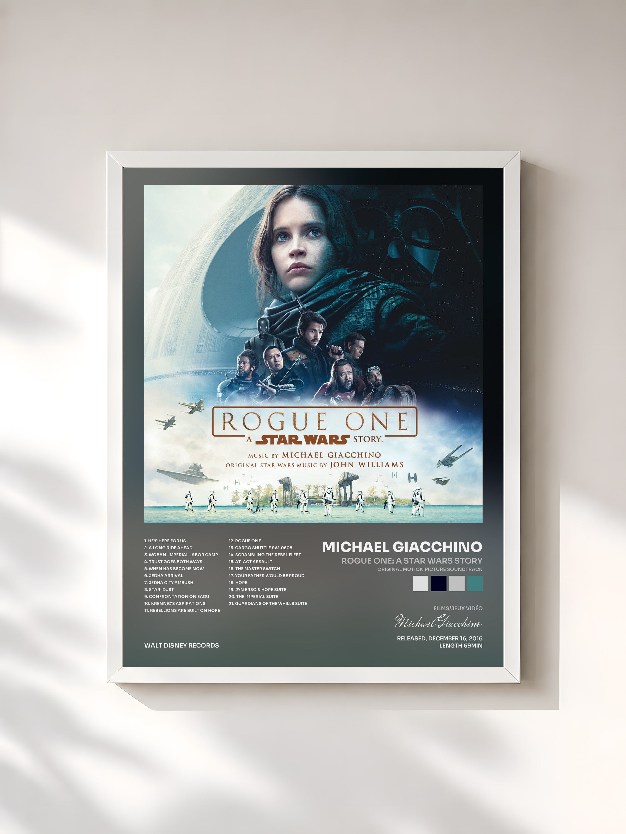 #blanc Tableau de l'album Rogue One: A Star Wars Story (Original Motion Picture Soundtrack) de Michael Giacchino, cadre blanc, imprimé et encadré en France