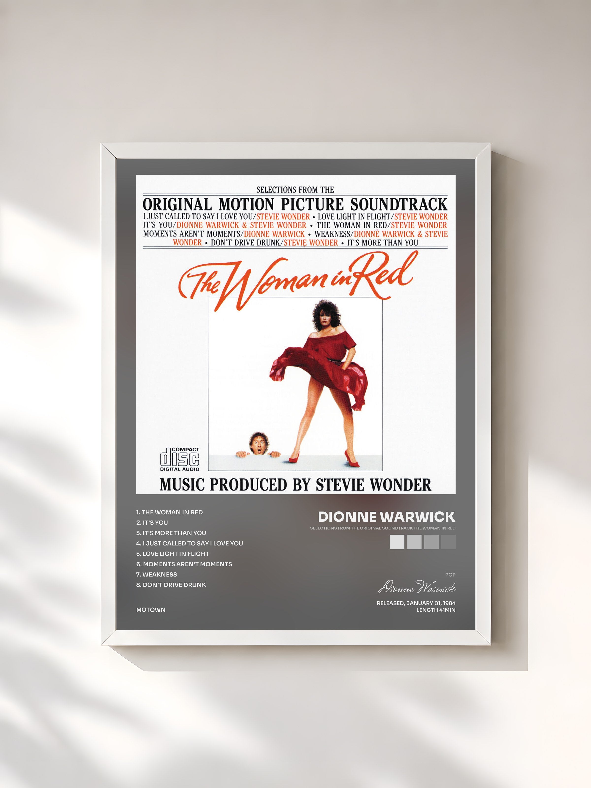 #blanc Tableau de l'album Selections From The Original Soundtrack The Woman In Red de Dionne Warwick, cadre blanc, imprimé et encadré en France
