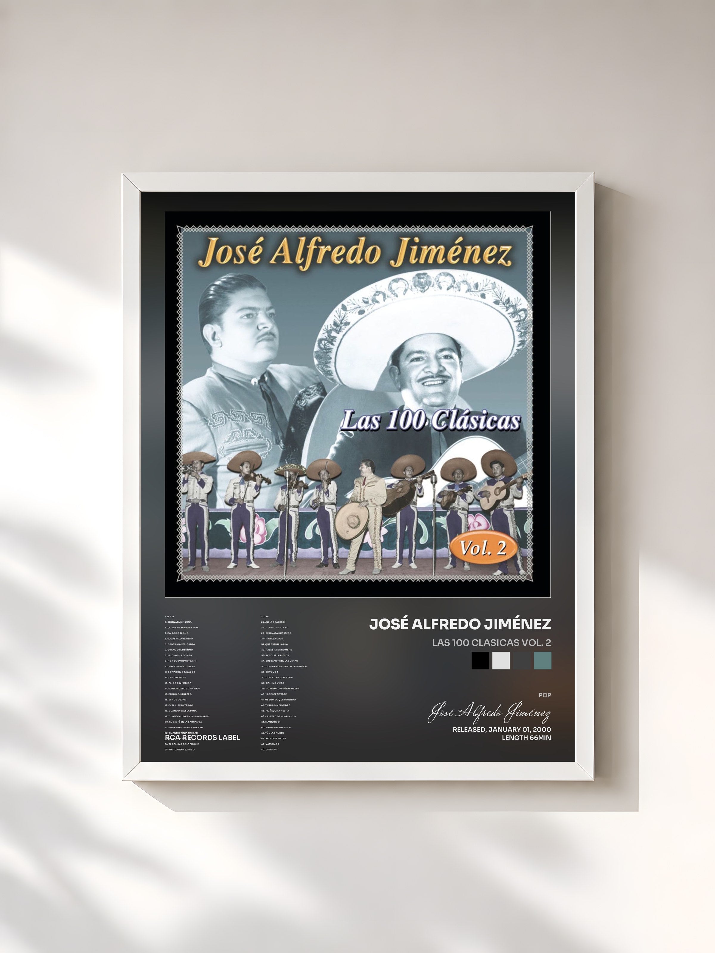 #blanc Tableau de l'album Las 100 Clasicas Vol. 2 de José Alfredo Jiménez, cadre blanc, imprimé et encadré en France