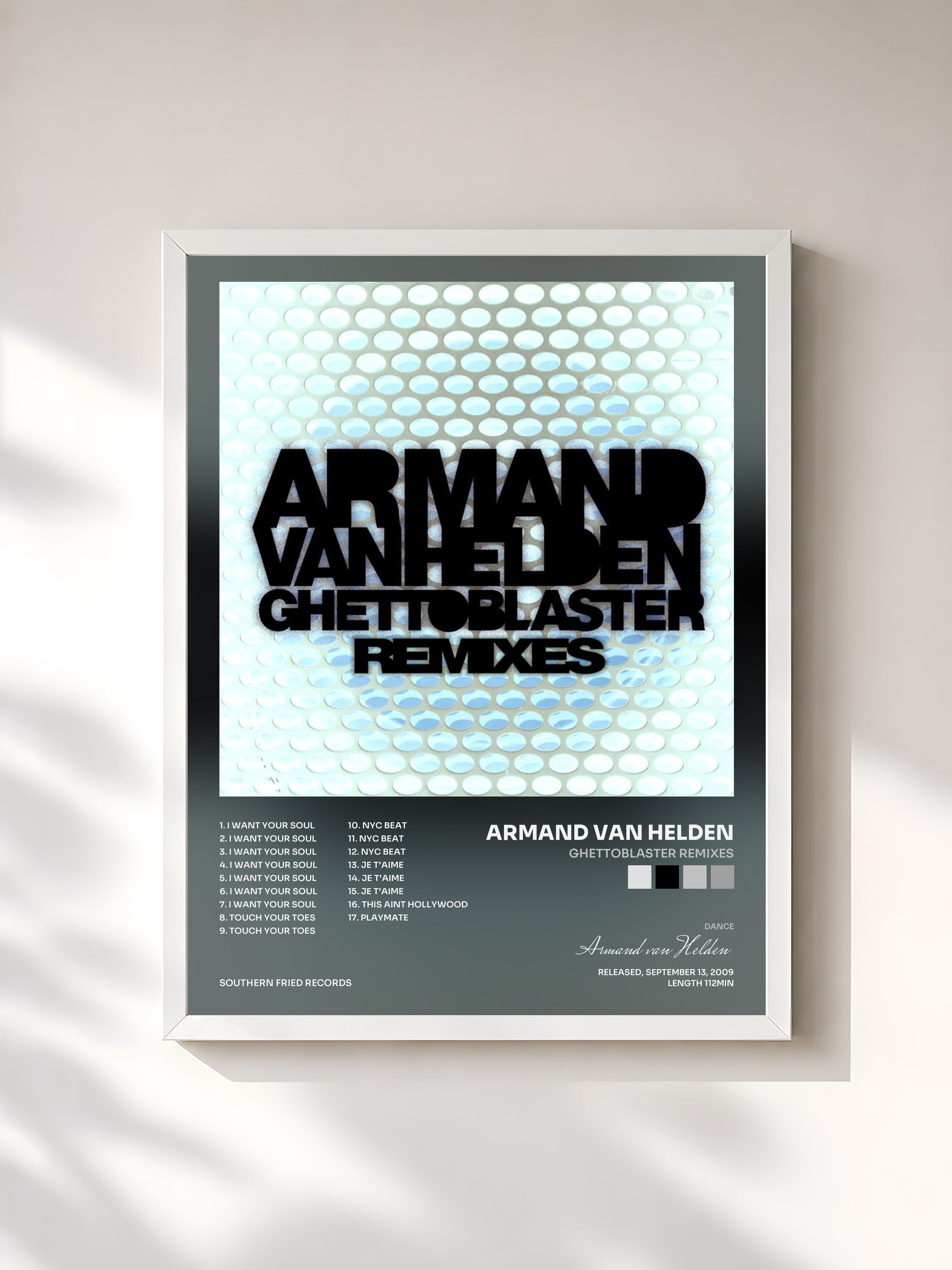 #blanc Tableau de l'album Ghettoblaster Remixes de Armand van Helden, cadre blanc, imprimé et encadré en France