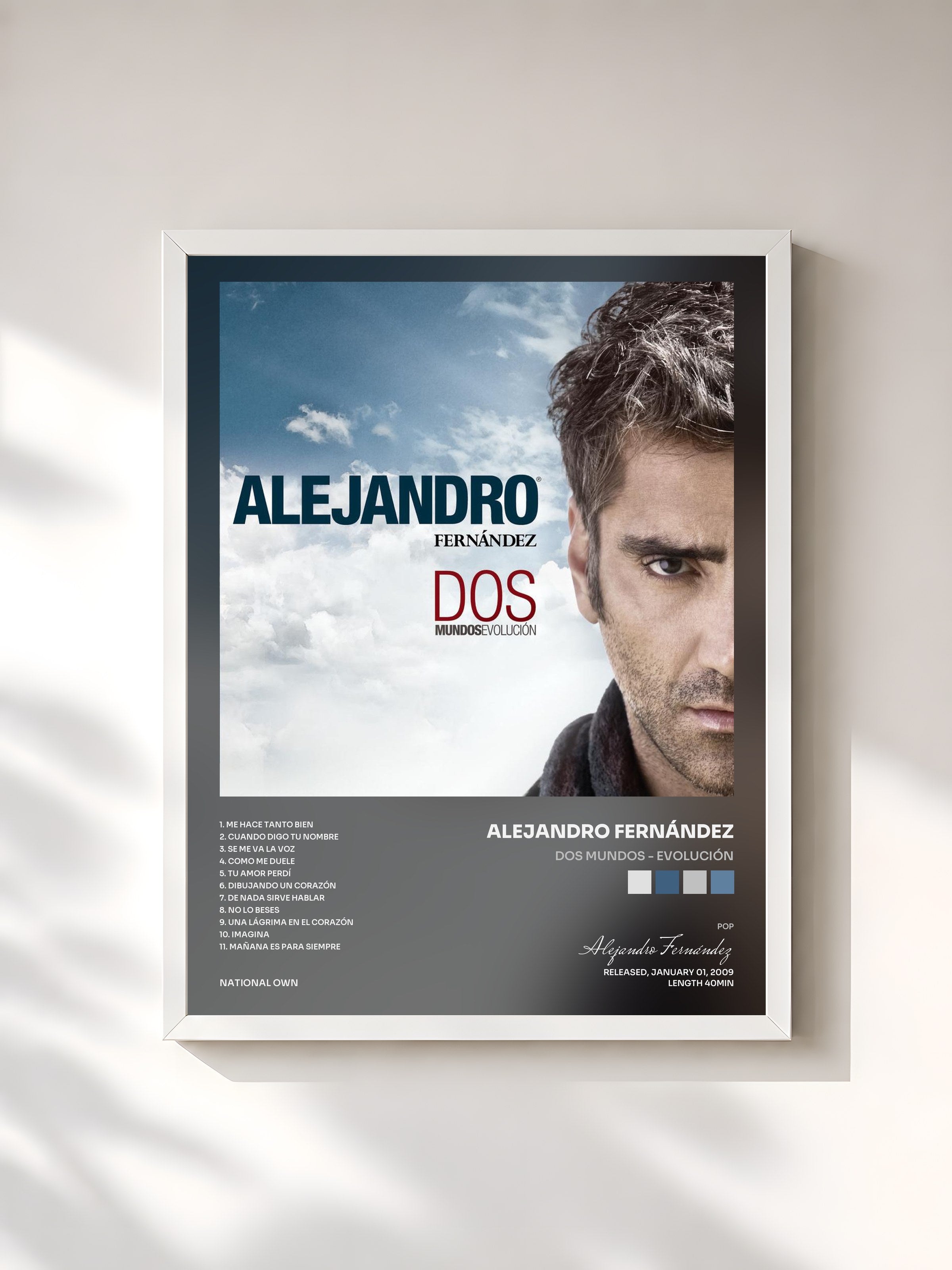 #blanc Tableau de l'album Dos Mundos - Evolución de Alejandro Fernández, cadre blanc, imprimé et encadré en France