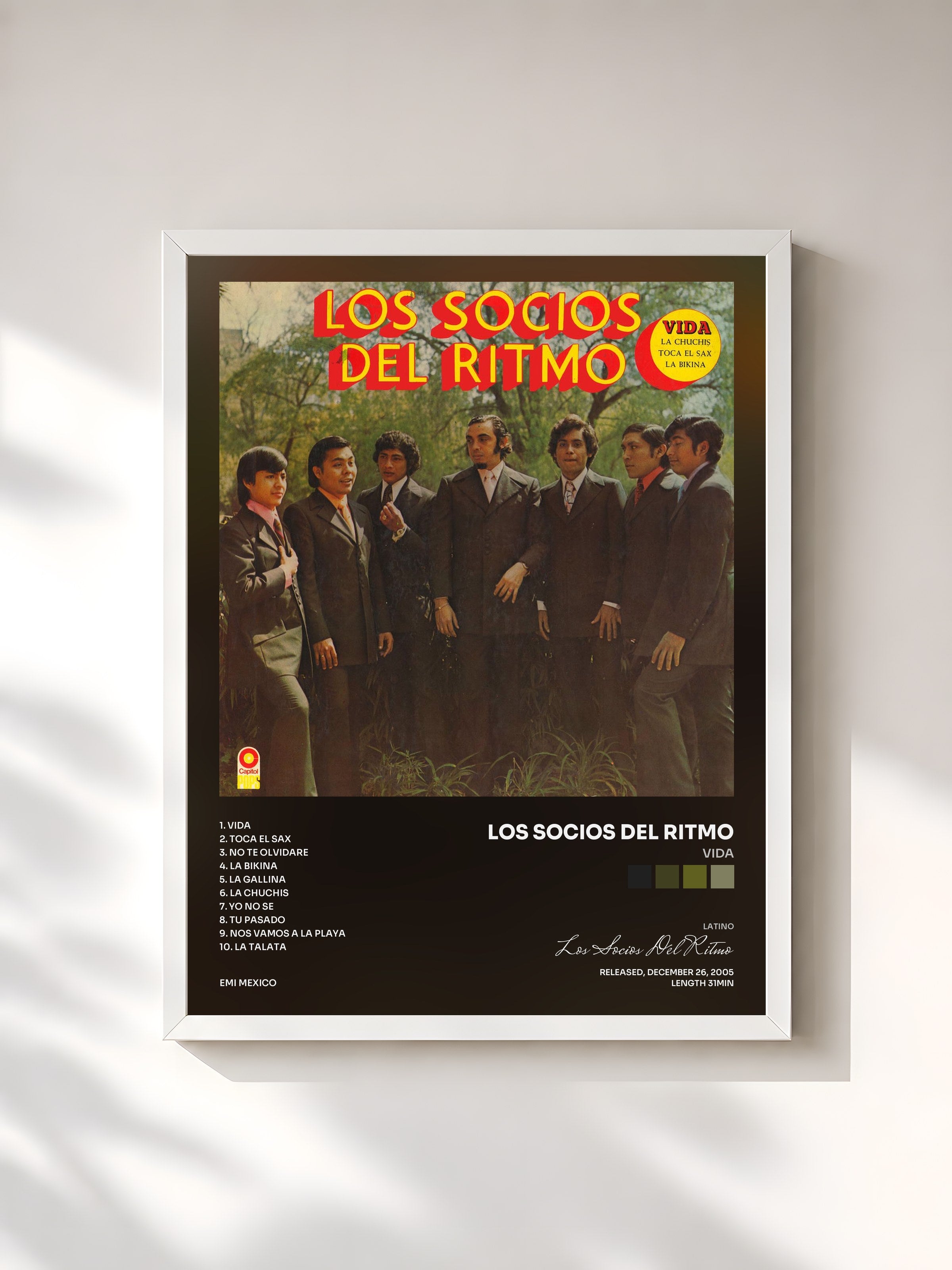 #blanc Tableau de l'album Vida de Los Socios Del Ritmo, cadre blanc, imprimé et encadré en France