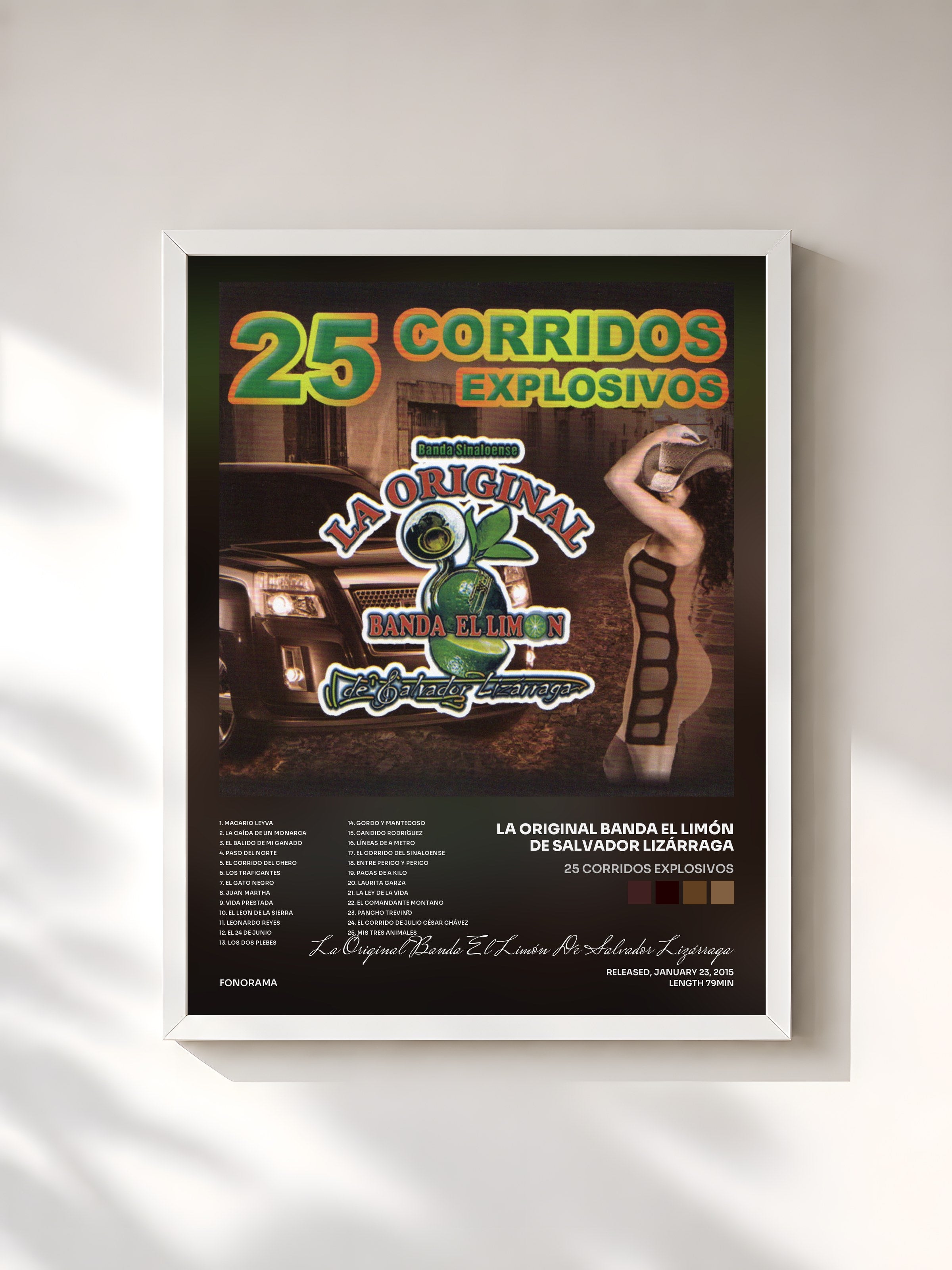 #blanc Tableau de l'album 25 Corridos Explosivos de La Original Banda El Limón De Salvador Lizárraga, cadre blanc, imprimé et encadré en France