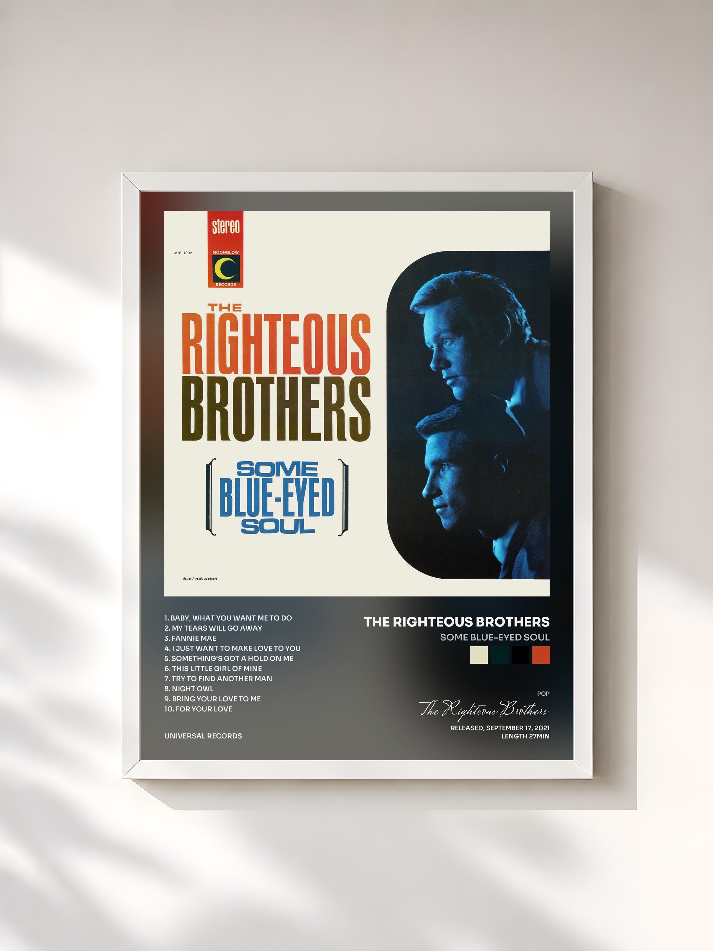 #blanc Tableau de l'album Some Blue-Eyed Soul de The Righteous Brothers, cadre blanc, imprimé et encadré en France