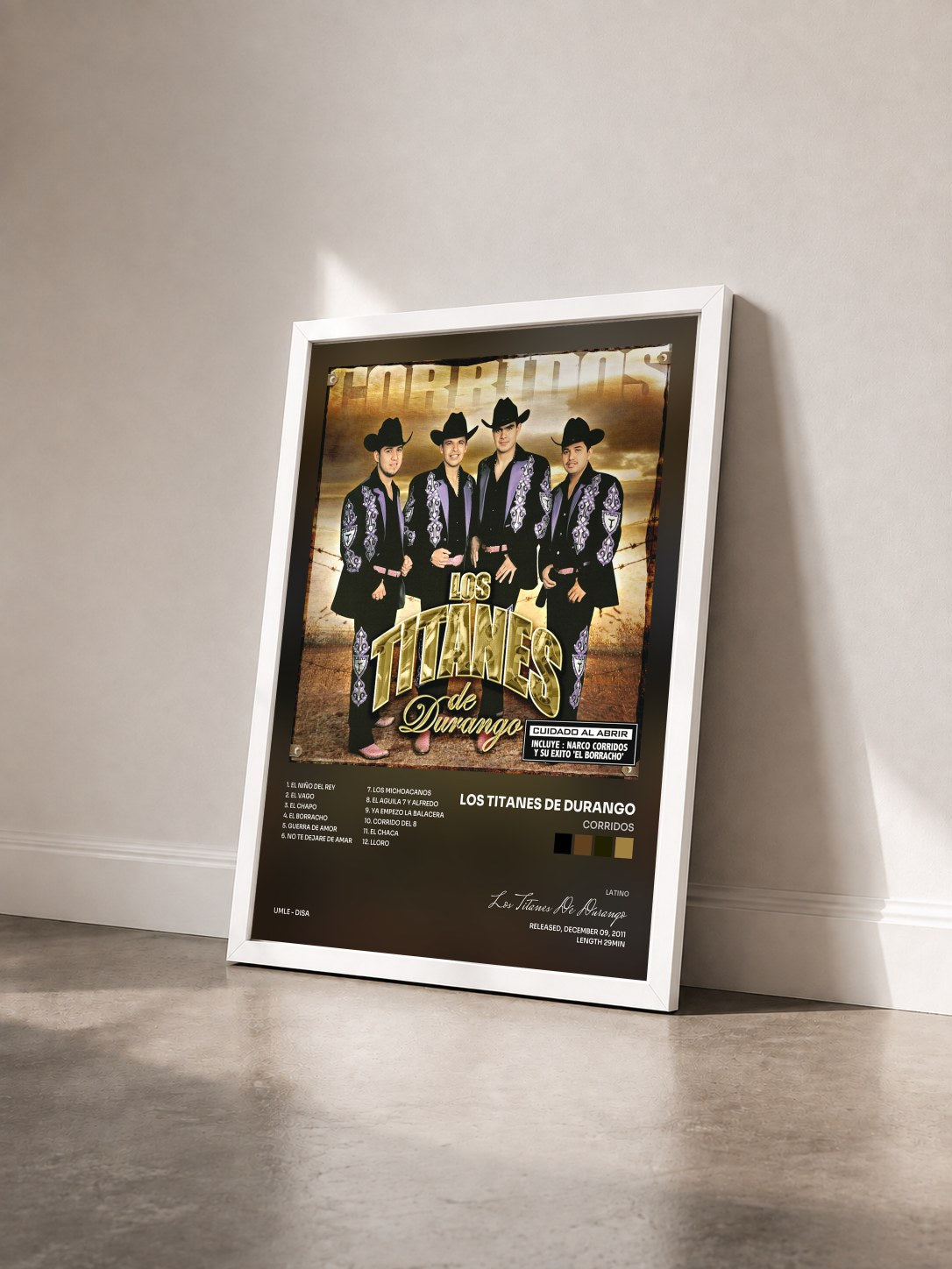 #blanc Tableau de l'album Corridos de Los Titanes De Durango vu de trois quarts, cadre blanc