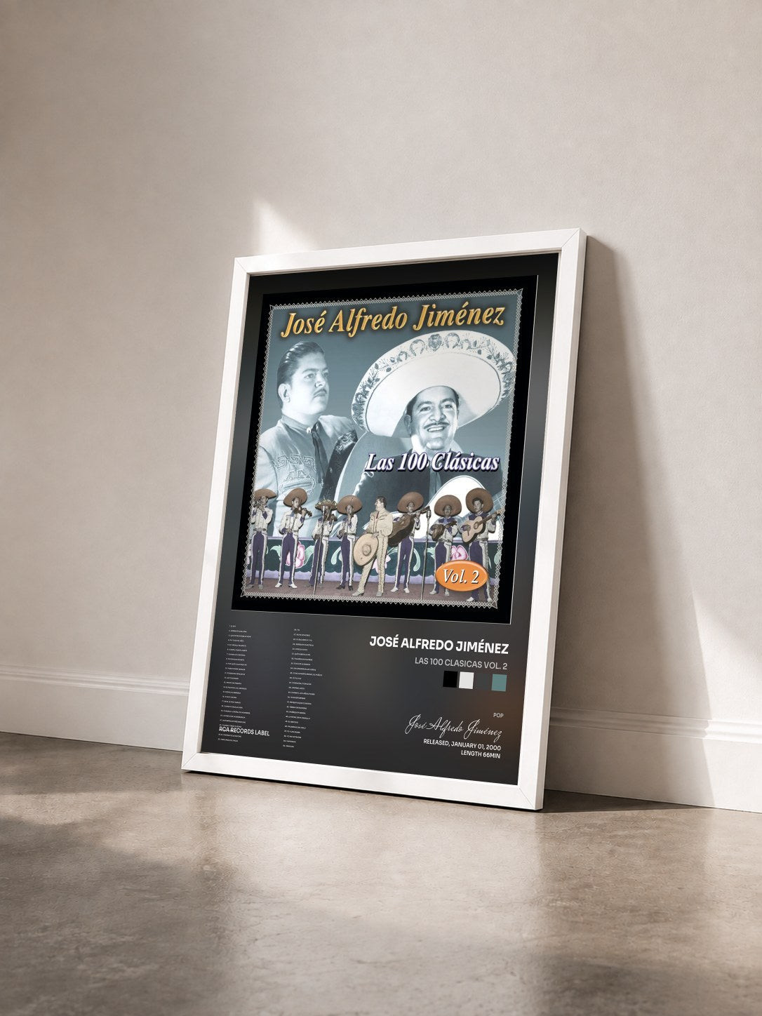 #blanc Tableau de l'album Las 100 Clasicas Vol. 2 de José Alfredo Jiménez vu de trois quarts, cadre blanc