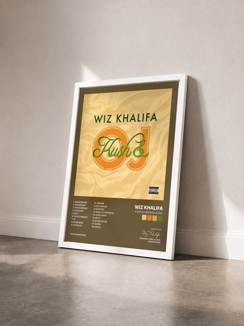 #blanc Kush & Orange Juice by Wiz Khalifa as a framed art print seen at an angle, white frame