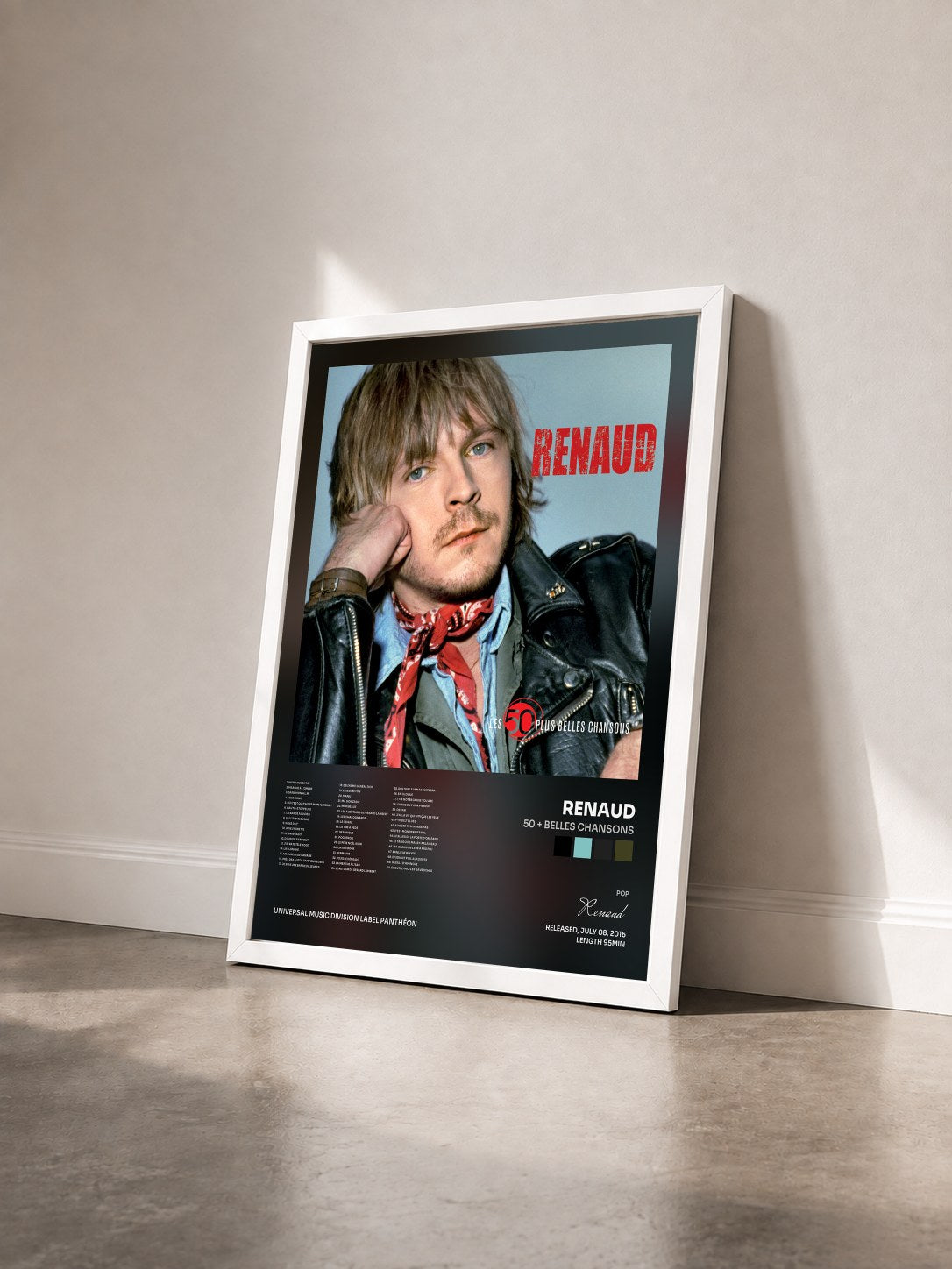 #blanc 50 + belles chansons by Renaud as a framed art print seen at an angle, white frame
