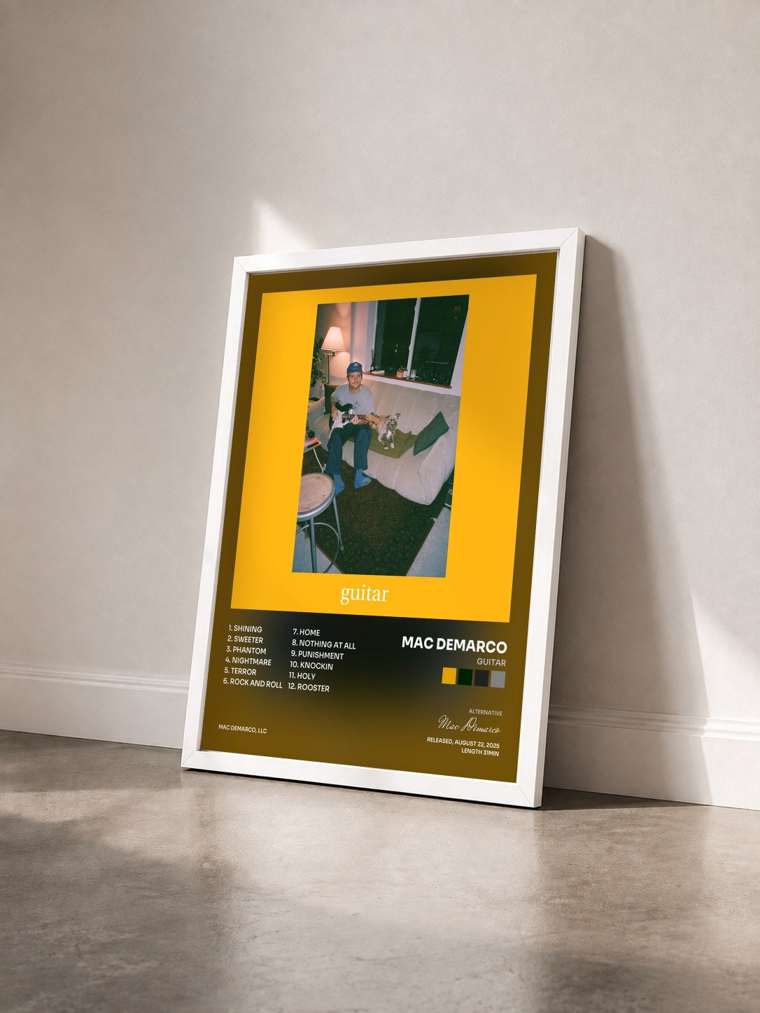 #blanc Tableau de l'album Guitar de Mac Demarco vu de trois quarts, cadre blanc