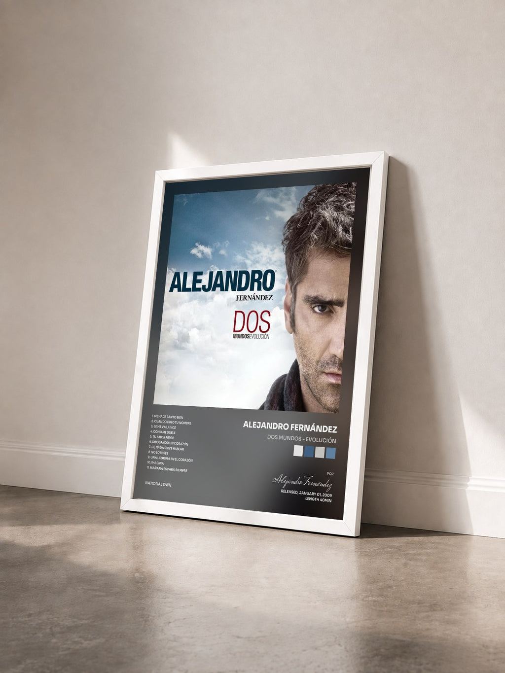 #blanc Tableau de l'album Dos Mundos - Evolución de Alejandro Fernández vu de trois quarts, cadre blanc