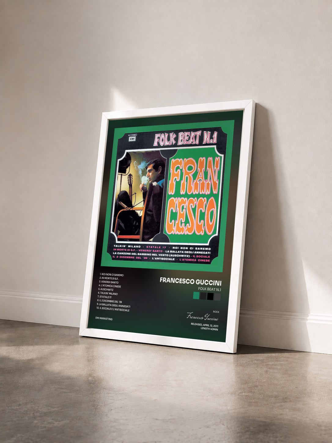 #blanc Tableau de l'album Folk Beat N.1 de Francesco Guccini vu de trois quarts, cadre blanc