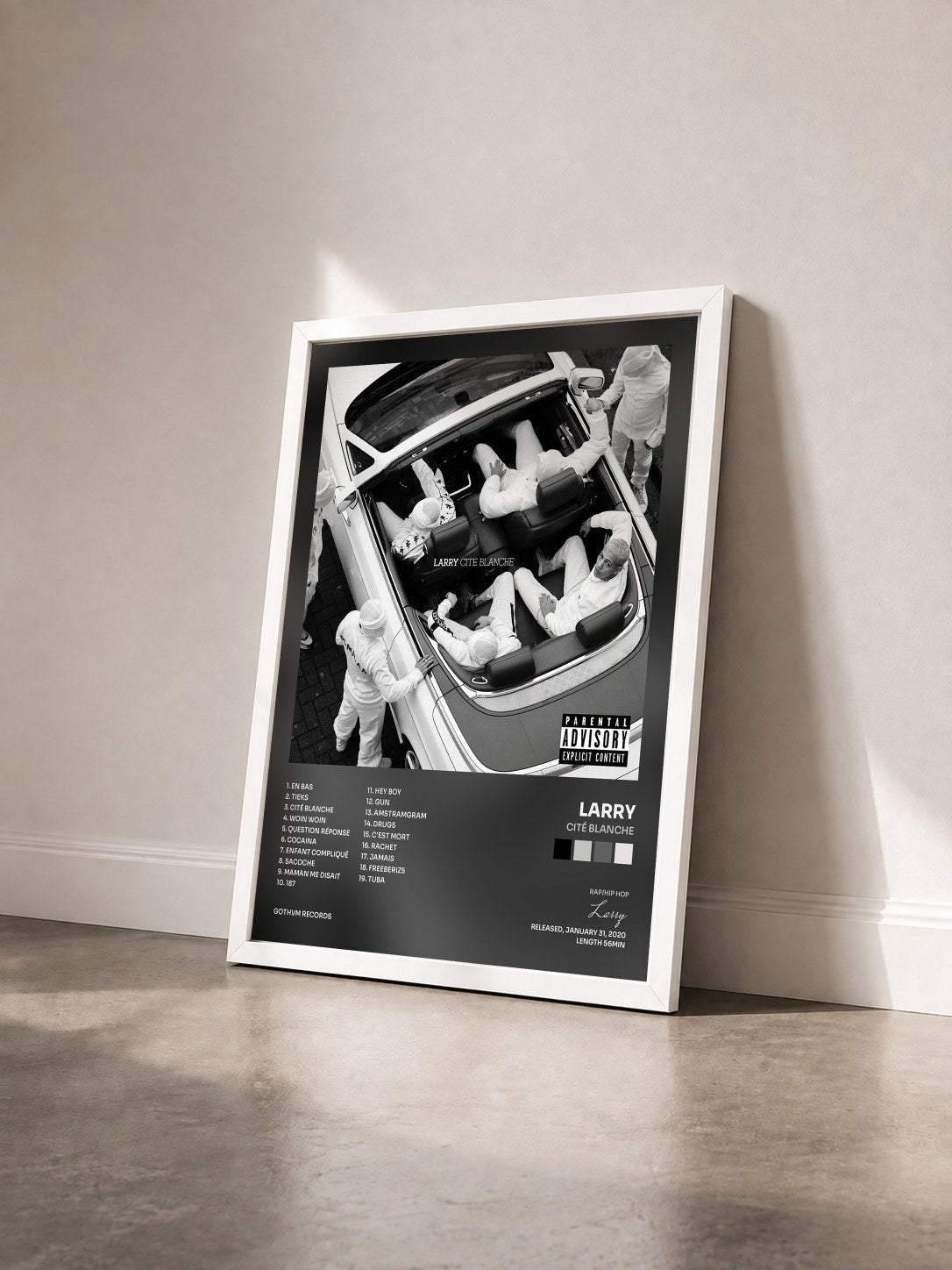 #blanc Cité blanche by Larry as a framed art print seen at an angle, white frame