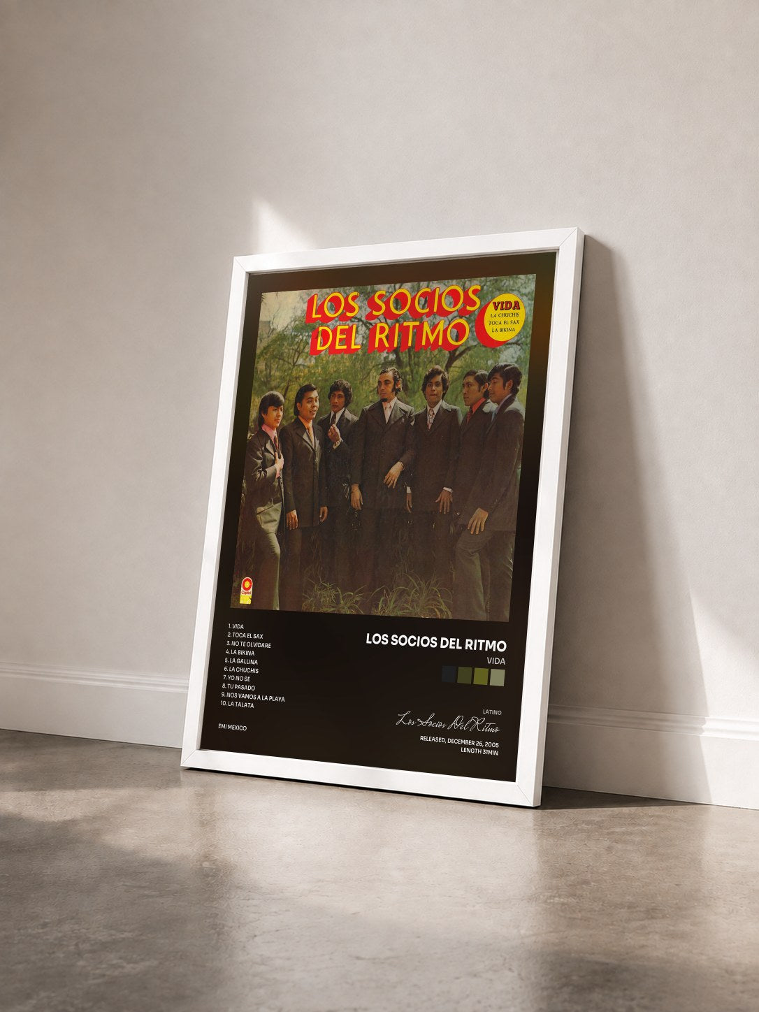 #blanc Tableau de l'album Vida de Los Socios Del Ritmo vu de trois quarts, cadre blanc