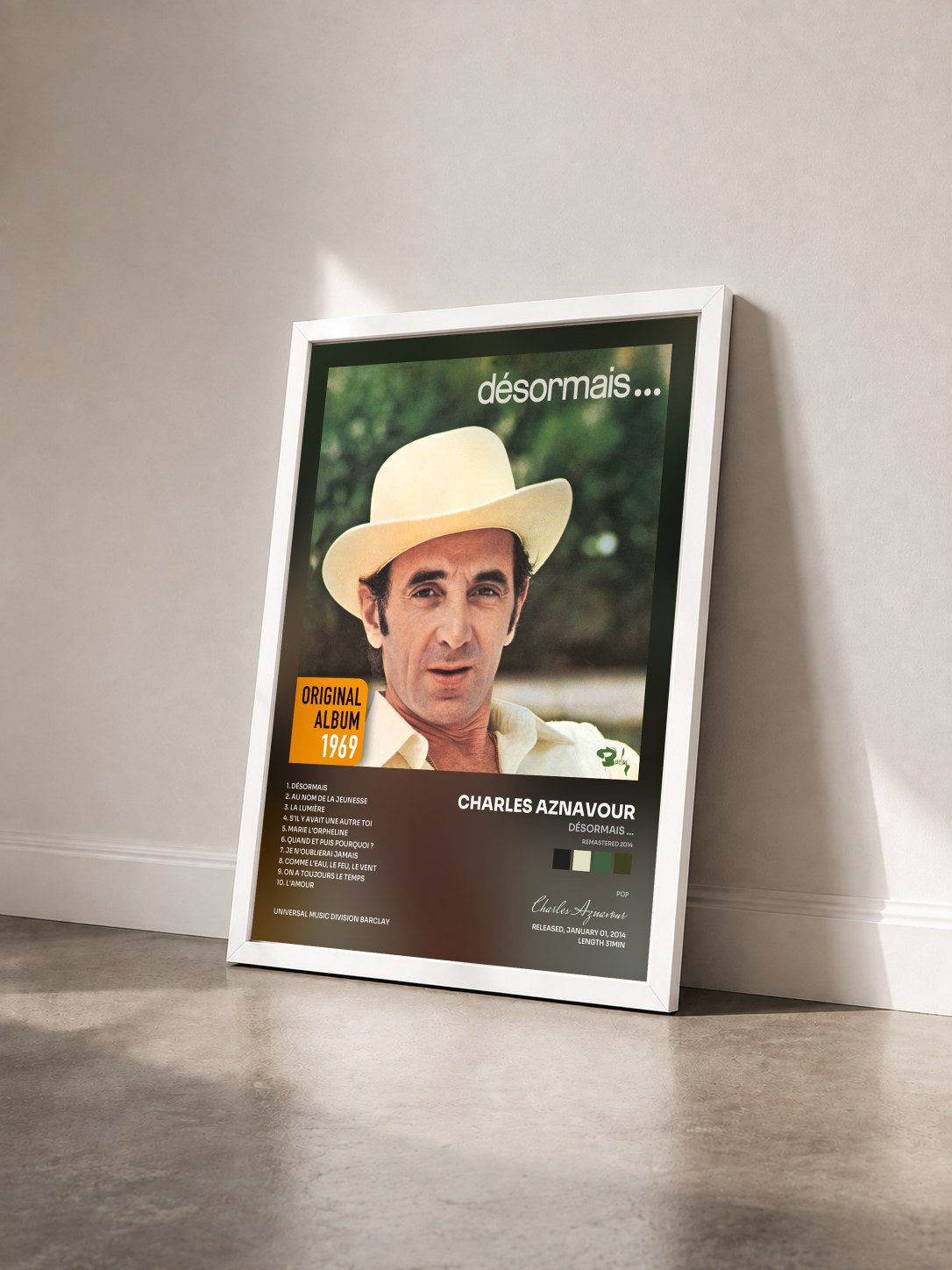 #blanc Tableau de l'album Désormais ... (Remastered 2014) de Charles Aznavour vu de trois quarts, cadre blanc